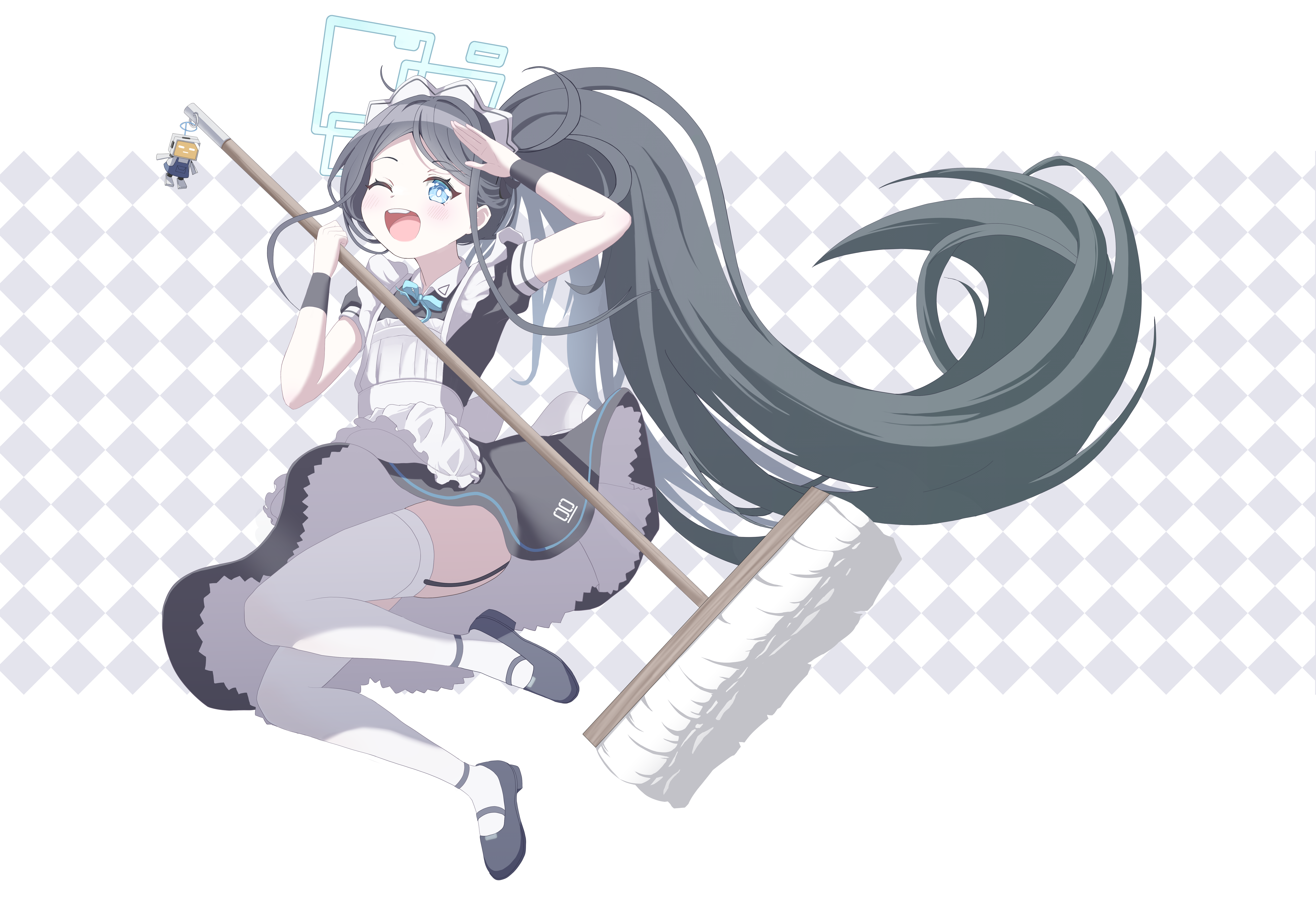 tagi (dltjdgh2010), aris (blue archive), aris (maid) (blue archive), kei (robot) (blue archive), blue archive, absurdres, commentary request, highres, partial commentary, 1girl, ;d, absurdly long hair, apron, aqua eyes, aqua halo, aqua ribbon, arm up, black dress, black garter straps, black shoes, black wrist cuffs, blush, bright pupils, checkered background, collared dress, contrast collar, dress, floating hair, frilled apron, frills, full body, garter straps, grey background, grey hair, halo, holding, holding mop, long hair, long sidelocks, looking at viewer, maid, maid apron, maid headdress, mary janes, mop, neck ribbon, number print, official alternate costume, official alternate hairstyle, one eye closed, open mouth, parted bangs, petticoat, ponytail, puffy short sleeves, puffy sleeves, rectangular halo, ribbon, ringed eyes, salute, shoes, short sleeves, sidelocks, smile, solo, teeth, thighhighs, two-tone background, upper teeth only, very long hair, white apron, white background, white headdress, white pupils, white thighhighs, wrist cuffs