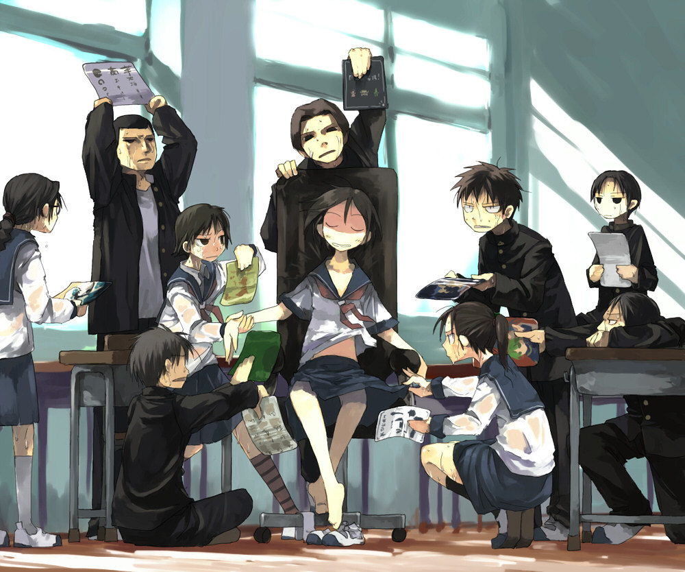 gregorius yamada, original, arm grab, 4girls, 6+boys, arm up, arms up, barefoot, black hair, brown hair, classroom, closed eyes, clothes lift, feet, glasses, harem, hot, indian style, indoors, kneehighs, long sleeves, multiple boys, multiple girls, parted lips, ponytail, school, school uniform, see-through clothes, shoes, short hair, sitting, skirt, skirt lift, slave, socks, squatting, sunlight, sweat, tiptoes, unworn shoes, uwabaki, wet, wet clothes