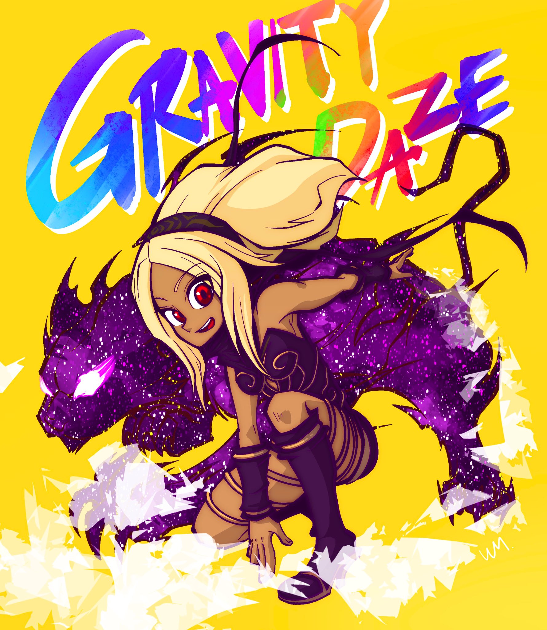 weckinmach, kitten (gravity daze), gravity daze, highres, 1girl, bare shoulders, black boots, black hairband, black scarf, blonde hair, boots, copyright name, dark-skinned female, dark skin, floating, floating hair, full body, hairband, long hair, looking at viewer, open mouth, red eyes, scarf, smile, strapless, teeth, upper teeth only