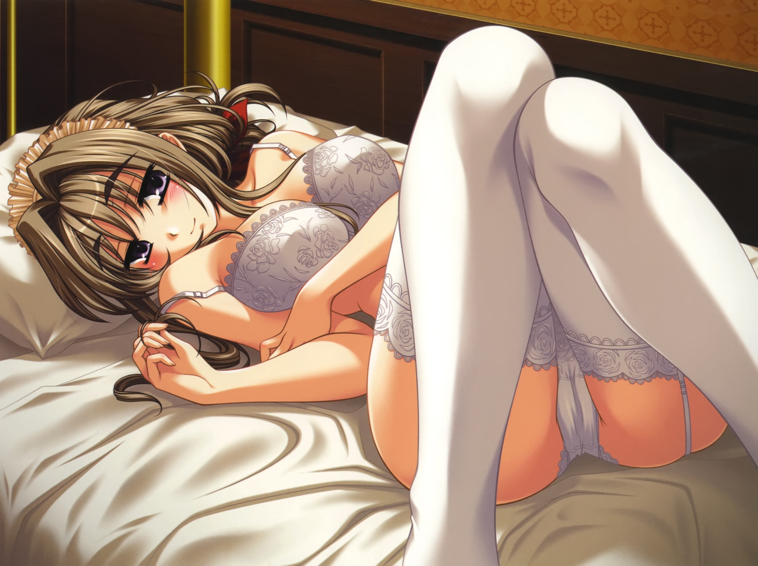 yuyi, tomosato shiori, meteor (company), shinju no yakata, lace-trimmed legwear, highres, 1girl, bed, blush, bra, brown hair, cameltoe, female focus, garter belt, lace, lace trim, lingerie, long hair, lying, maid, maid headdress, on back, panties, pillow, purple eyes, smile, solo, strap slip, thighhighs, underwear, underwear only, white panties, white thighhighs