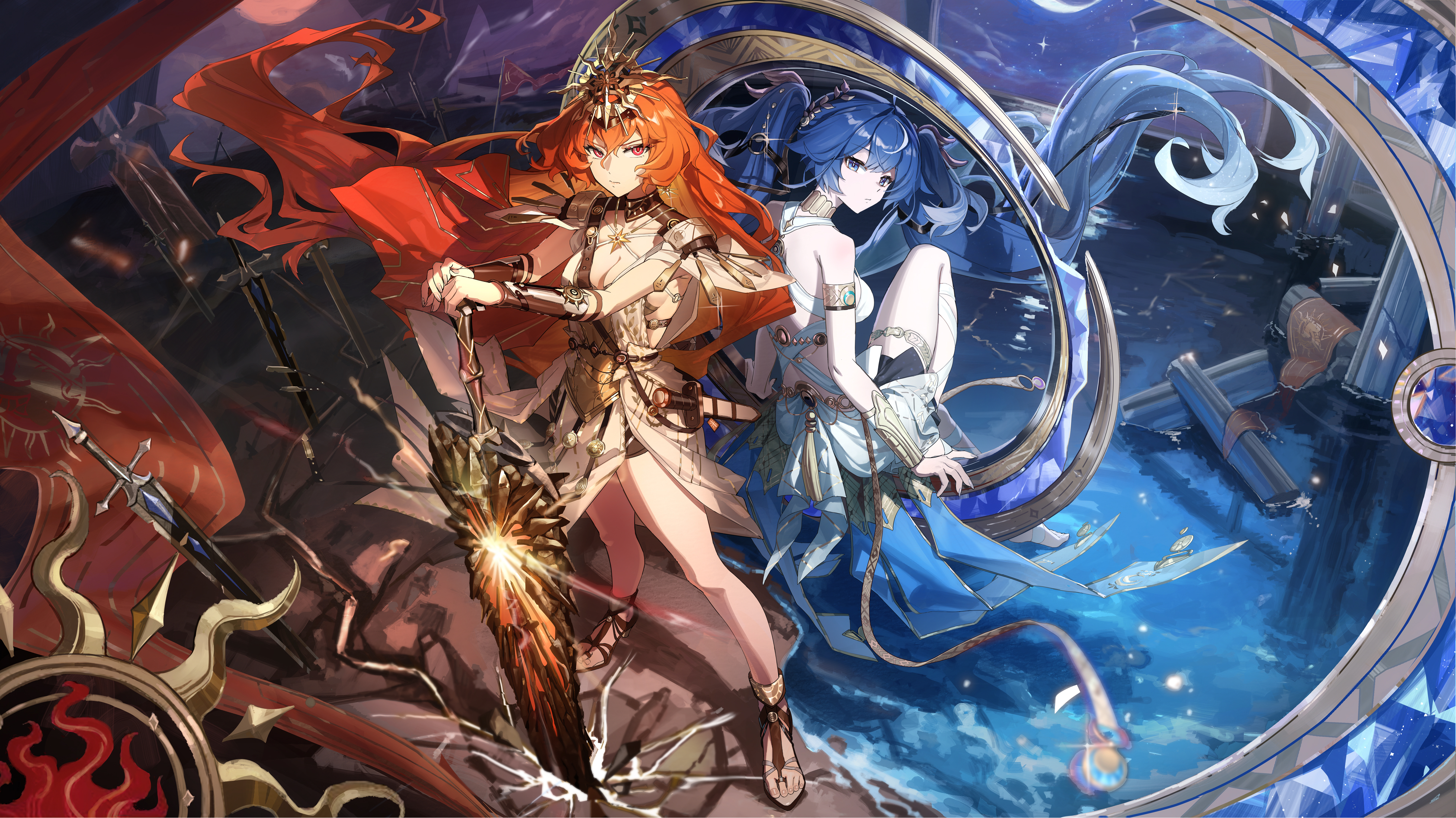 hokushuu, augusta (wuthering waves), iuno (wuthering waves), wuthering waves, absurdres, commentary, highres, 2girls, ancient greek clothes, armor, bare shoulders, black skirt, breastplate, breasts, closed mouth, dress, earrings, greatsword, greco-roman clothes, hair belt, hair between eyes, headgear, jewelry, laurel crown, long hair, looking at viewer, medium breasts, multicolored hair, multiple girls, orange hair, planted, planted sword, planted weapon, red eyes, skirt, split theme, streaked hair, sun earrings, sun necklace, sword, thighlet, thighs, twintails, weapon, white dress