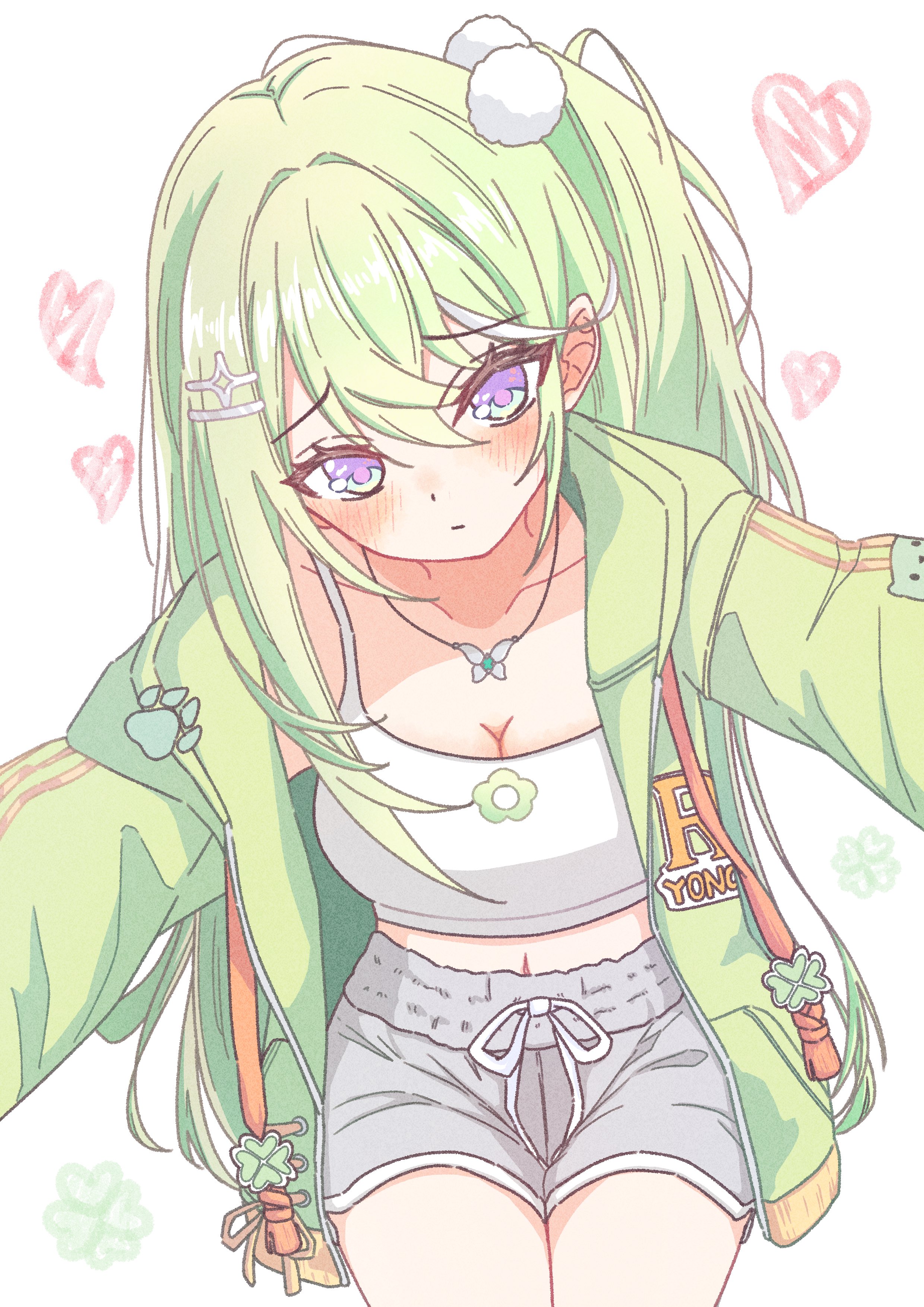 chaeeunhan124, yuzuha riko, stellive, absurdres, commentary request, highres, korean commentary, 1girl, blush, breasts, butterfly necklace, camisole, cleavage, closed mouth, clover, cowboy shot, crop top, four-leaf clover, green hair, green jacket, grey shorts, hair between eyes, hair ornament, heart, jacket, jewelry, large breasts, long bangs, long hair, long sleeves, looking at viewer, midriff, navel, necklace, one side up, open clothes, open jacket, pom pom (clothes), pom pom hair ornament, print camisole, purple eyes, short shorts, shorts, simple background, solo, very long hair, virtual youtuber, white background, white camisole