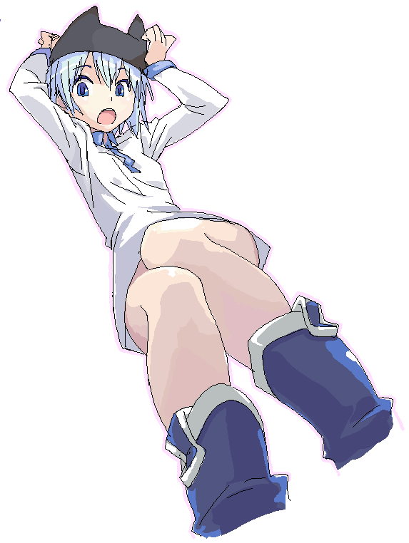 koma (qqq111), nanami ao, yozakura quartet, bad id, bad pixiv id, 1girl, :o, animal hat, arms up, bare legs, blue eyes, blue hair, blush, female focus, foreshortening, full body, hat, long sleeves, looking at viewer, matching hair/eyes, oekaki, open mouth, simple background, solo, sweater, white background