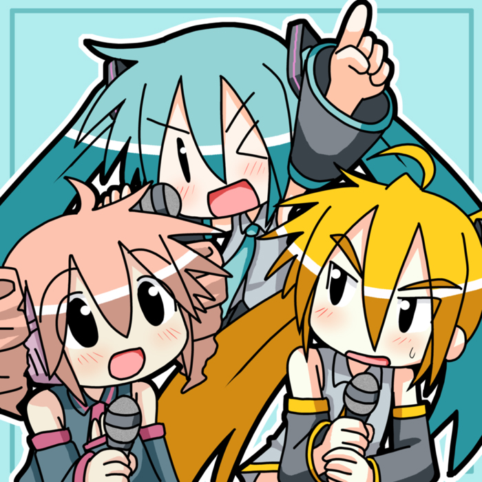 minami (colorful palette), akita neru, chibi miku, hatsune miku, kasane teto, kasane teto (utau), triple baka (vocaloid), utau, vocaloid, 3girls, aqua hair, blush, chibi, crossover, drill hair, microphone, multiple girls, music, one eye closed, singing, twin drills, twintails, wink