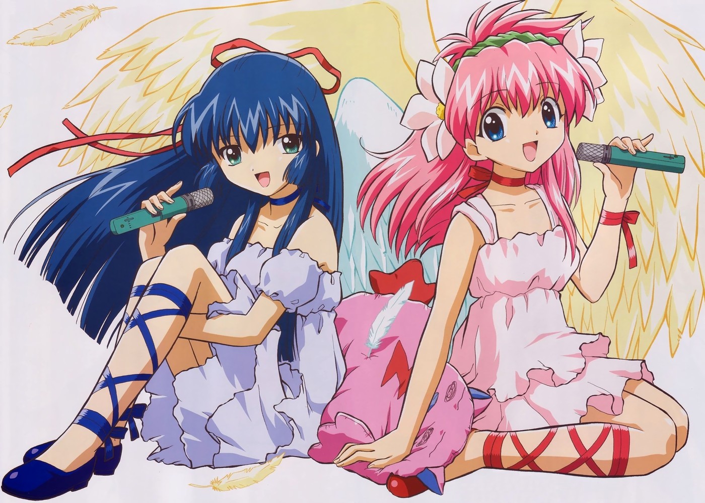 karasuma chitose, milfeulle sakuraba, normad, galaxy angel, non-web source, 00s, 2girls, angel, angel wings, ankle lace-up, blue eyes, blue hair, dress, full body, green eyes, long hair, microphone, multiple girls, off shoulder, pink hair, sitting, wings