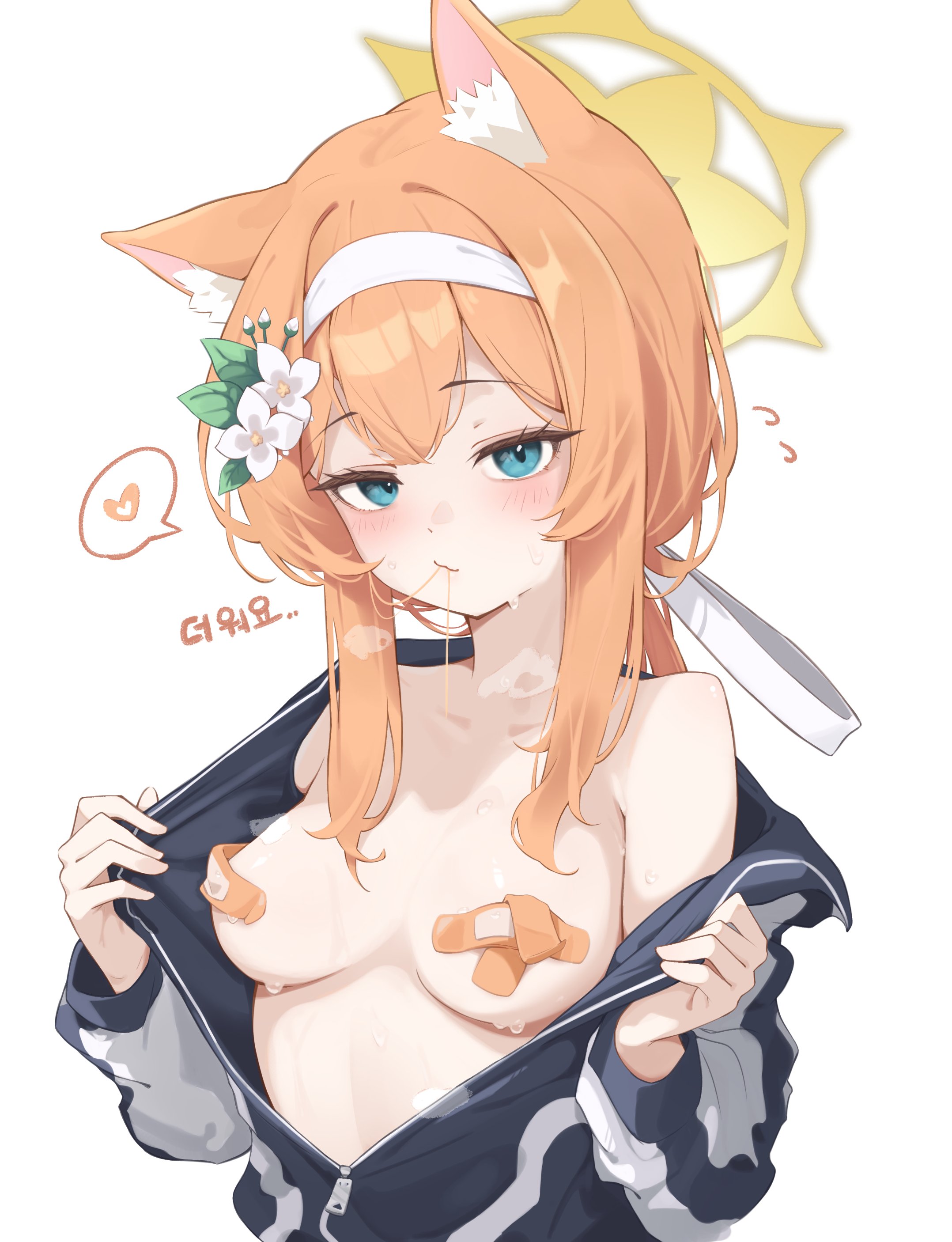 mawe127, mari (blue archive), mari (track) (blue archive), blue archive, absurdres, highres, translation request, 1girl, animal ear fluff, animal ears, bandaid, bandaids on nipples, bare shoulders, black jacket, blue eyes, blush, breasts, cat ears, cat girl, collarbone, flower, hair between eyes, hair flower, hair in own mouth, hair ornament, hairband, halo, heart, jacket, jacket partially removed, long hair, long sidelocks, long sleeves, looking at viewer, medium breasts, multicolored jacket, orange hair, partially unzipped, pasties, sidelocks, simple background, solo, sweat, sweatdrop, track jacket, two-tone jacket, undressing, upper body, white background, white flower, white hairband, white jacket, yellow halo, zipper