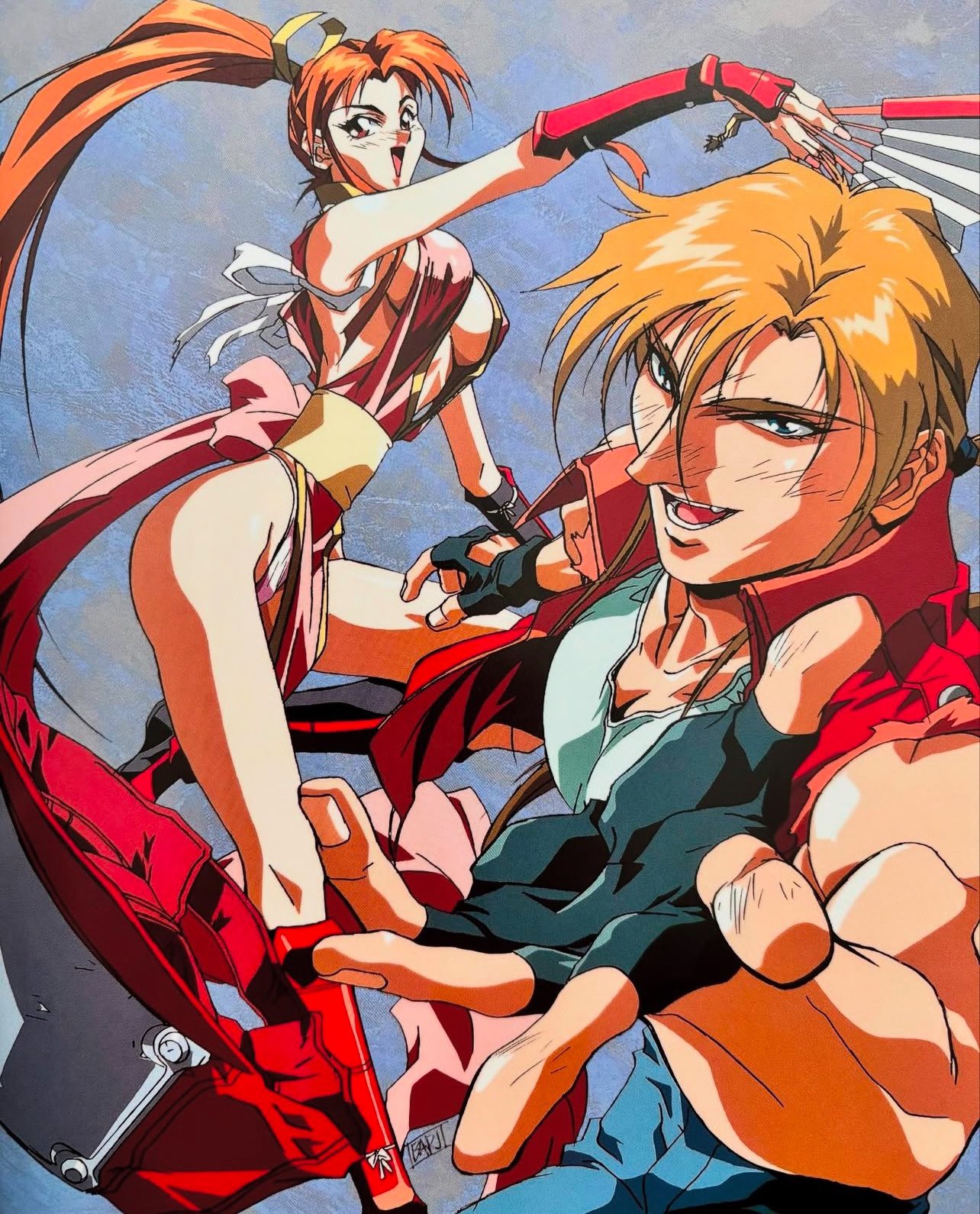 oobari masami, shiranui mai, terry bogard, fatal fury, snk, the king of fighters, highres, official art, 1boy, 1girl, baseball cap, blonde hair, blue eyes, breasts, brown eyes, brown hair, fingerless gloves, folding fan, gloves, hand fan, hat, long hair, looking at viewer, open mouth, pelvic curtain, ponytail, revealing clothes, smile