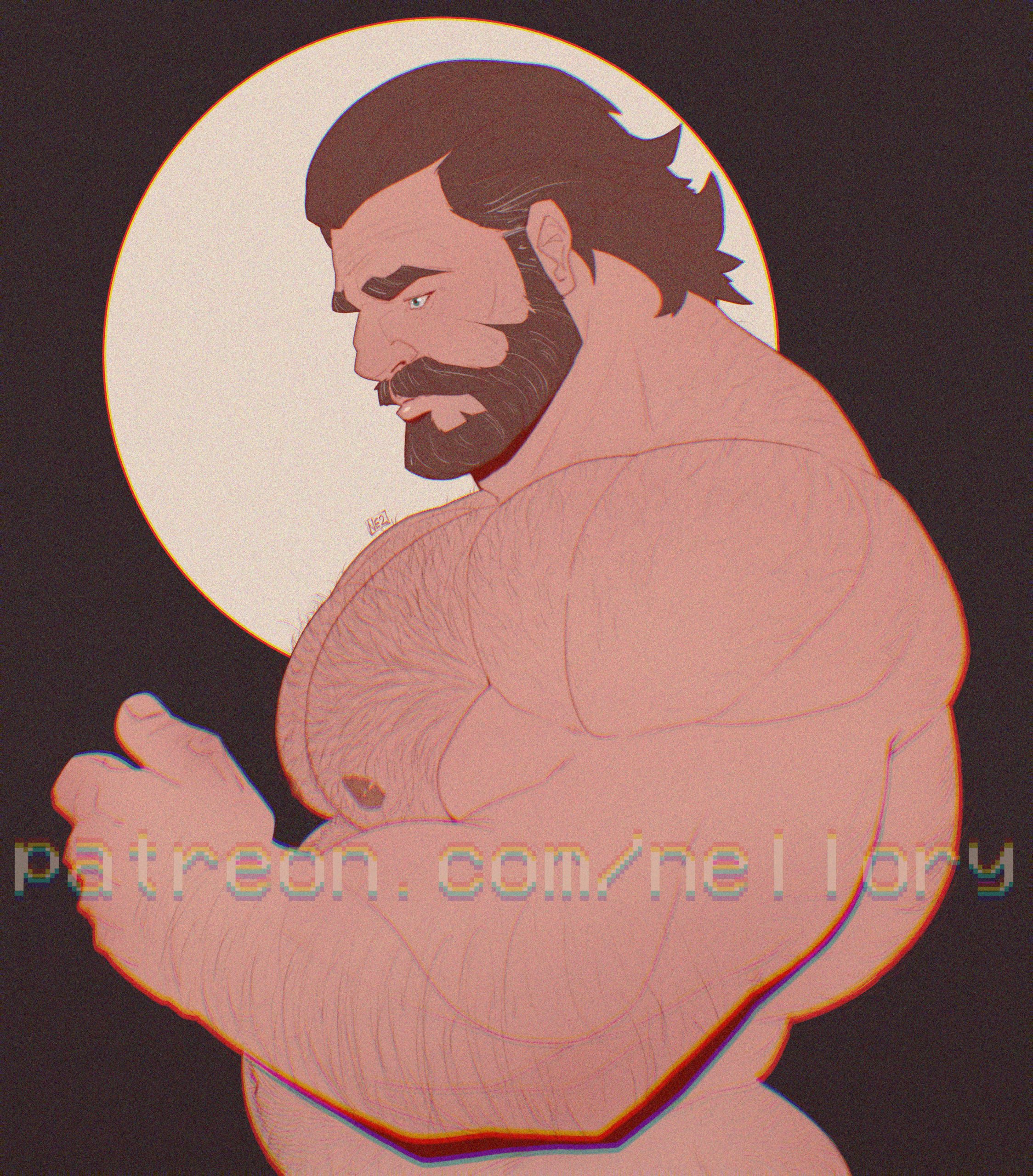 mr nellory, vander (arcane), arcane: league of legends, league of legends, absurdres, commentary, english commentary, highres, paid reward available, 1boy, arm hair, artist name, bara, beard, belly, biceps, brown hair, chest hair, closed mouth, facial hair, looking down, looking to the side, male focus, mature male, muscular, muscular male, patreon username, pectorals, plump, profile, signature, solo, swept bangs, topless male, upper body