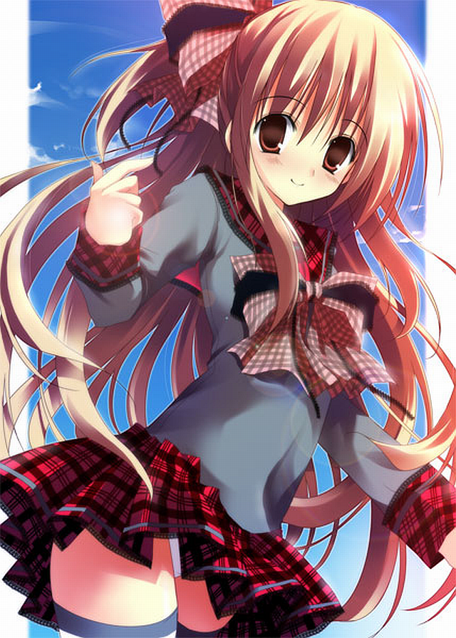 natsuki coco, lossy-lossless, non-web source, 1girl, blonde hair, bow, brown eyes, cowboy shot, female focus, hair ribbon, long hair, looking at viewer, panties, pantyshot, plaid bow, plaid clothes, plaid skirt, ribbon, school uniform, serafuku, skirt, sky, solo, standing, striped clothes, striped thighhighs, thighhighs, underwear