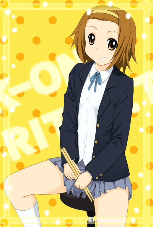 tainaka ritsu, k-on!, 1girl, blue skirt, brown eyes, brown hair, character name, copyright name, dot nose, drumsticks, feet out of frame, female focus, forehead, headband, holding, holding drumsticks, jacket, legs, long sleeves, looking at viewer, open clothes, open jacket, ribbon, sakuragaoka high school uniform, school uniform, shirt, short hair, sitting, skirt, socks, solo, teeth, white shirt, white socks, yellow headband