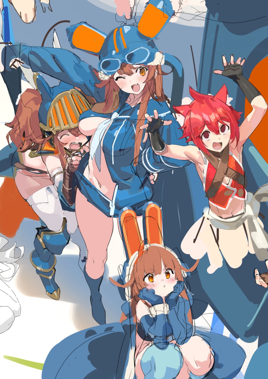 whoopin, original, highres, 4girls, animal ears, armpits, black gloves, blush, breasts, brown eyes, brown hair, closed eyes, fang, fingerless gloves, gloves, goggles, helmet, large breasts, long hair, looking at viewer, multiple girls, navel, one eye closed, open clothes, open mouth, orange eyes, red eyes, red hair, sailor collar, sketch, skin fang, smile, squatting, thighhighs, twintails