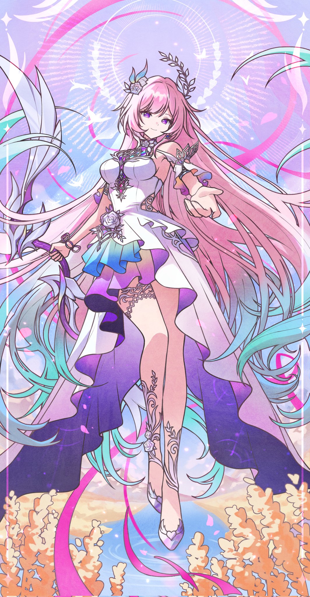 mising 0033, cyrene (honkai: star rail), cyrene (ripples of past reverie) (honkai: star rail), honkai: star rail, honkai (series), highres, 1girl, diamond-shaped pupils, diamond (shape), dress, flower, gradient hair, hair flower, hair ornament, long hair, multicolored hair, pink hair, pointy ears, purple eyes, solo, symbol-shaped pupils, very long hair, white dress