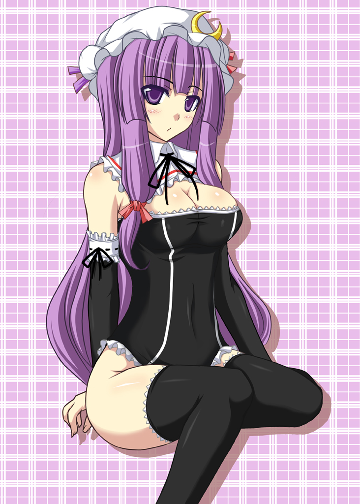 jema, patchouli knowledge, touhou, source request, 1girl, bow, breasts, cleavage, crescent hat ornament, detached sleeves, female focus, hat, hat ornament, large breasts, maid, pink bow, purple eyes, purple hair, solo, thighhighs