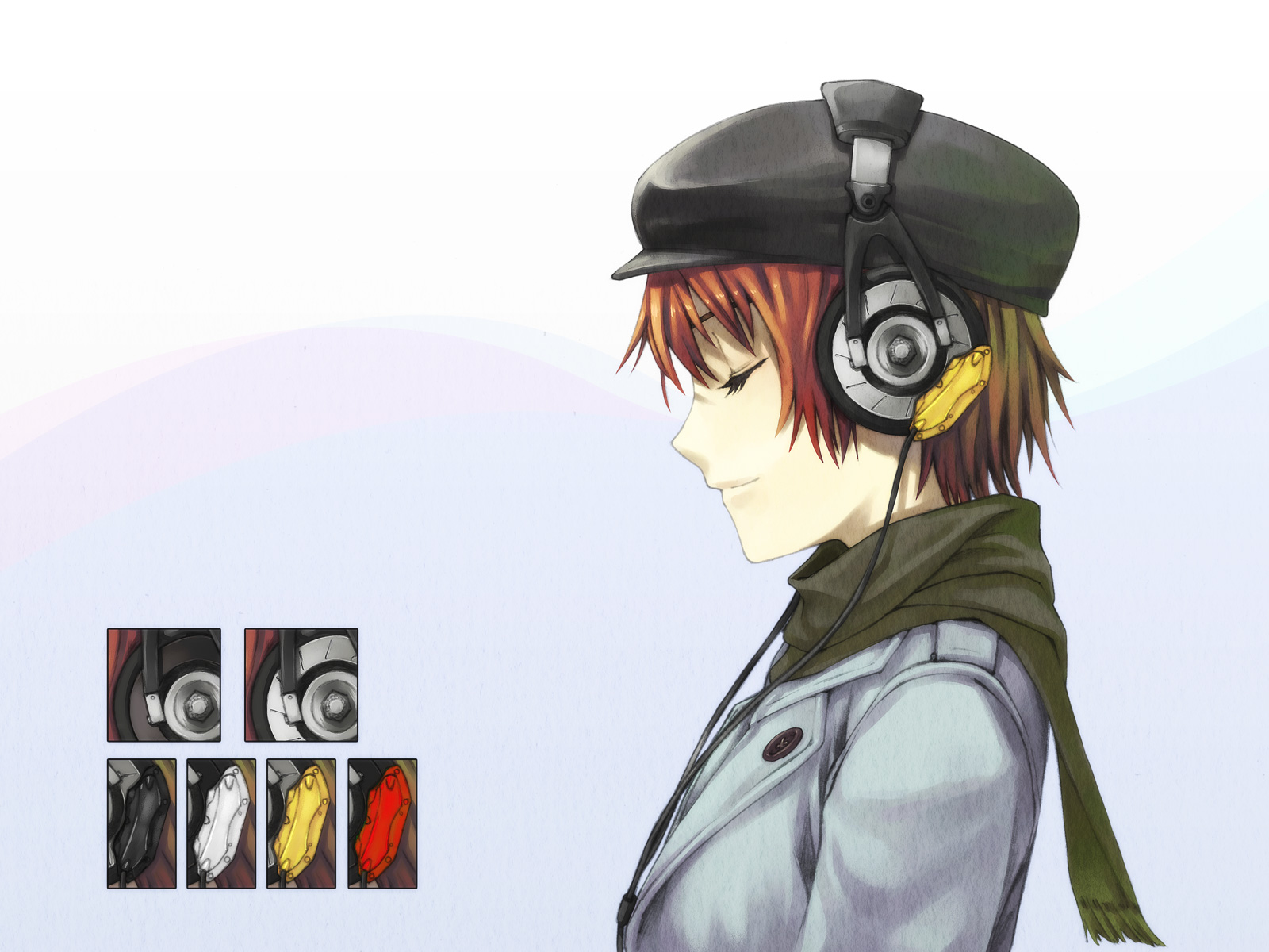 gou (double trigger), original, highres, 1girl, brown hair, closed eyes, coat, female focus, gradient background, hat, headphones, newsboy cap, profile, scarf, short hair, solo