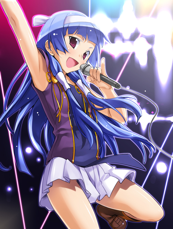 chikugen shiina, nagi, kannagi, 00s, armpits, blue hair, blunt bangs, hairband, long hair, microphone, purple eyes, solo