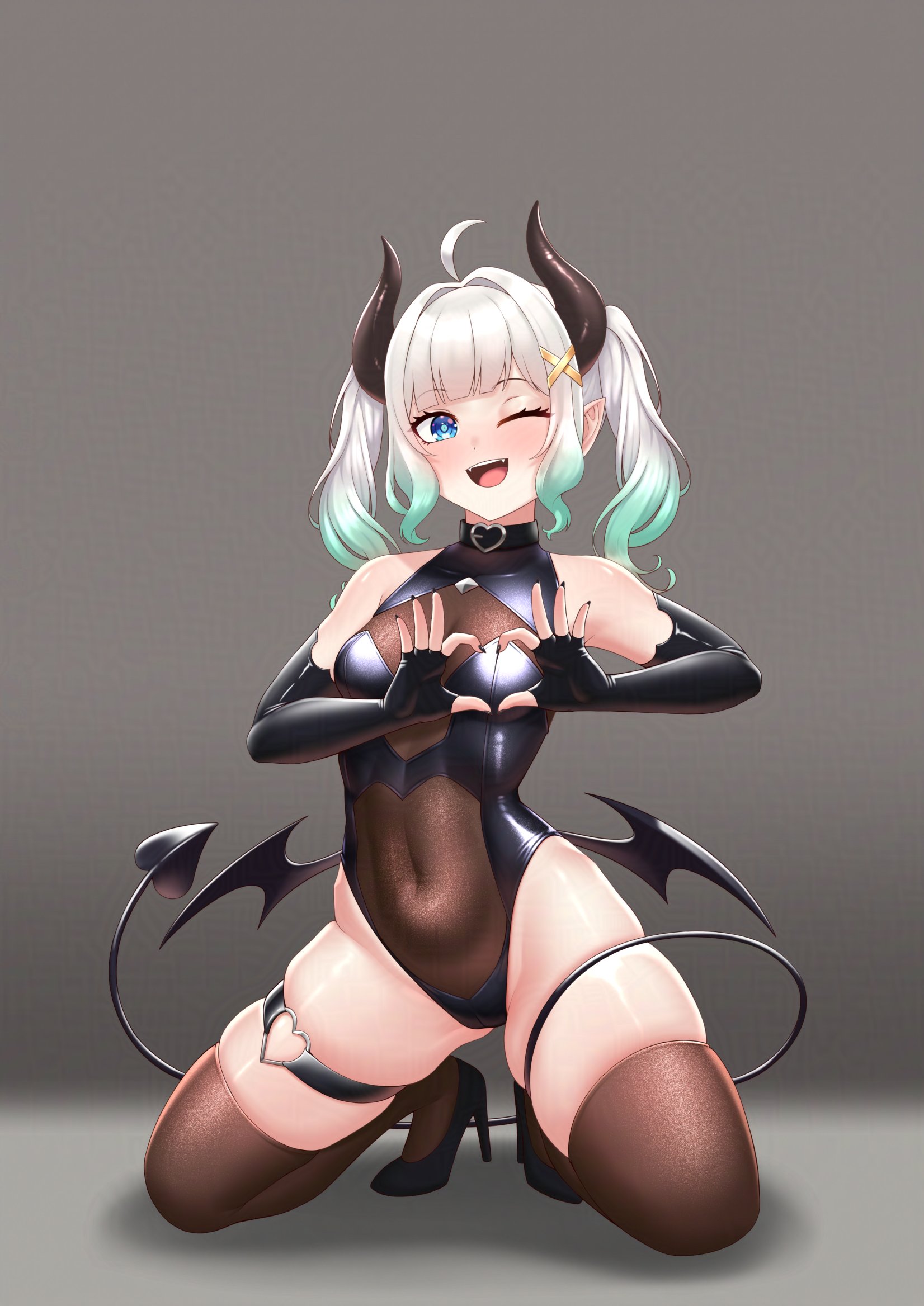 cipher4109, mint fantome, indie virtual youtuber, highres, 1girl, ;d, ahoge, armpits, bare shoulders, black choker, black nails, blue eyes, blunt bangs, blush, bodystocking, breasts, brown thighhighs, cameltoe, choker, cleavage, collarbone, covered navel, demon girl, demon horns, demon tail, demon wings, elbow gloves, fangs, fingerless gloves, four-finger heart hands, full body, gloves, gluteal fold, gradient hair, green eyes, green hair, grey background, grey hair, heart, heart hands, heart o-ring, high heels, horns, kneeling, leotard, looking at viewer, low wings, medium hair, multicolored hair, nail polish, o-ring, o-ring choker, o-ring thigh strap, one eye closed, open mouth, pointy ears, revealing clothes, simple background, skindentation, small breasts, smile, solo, streaked hair, tail, thigh strap, thighhighs, thighs, twintails, virtual youtuber, white hair, wings