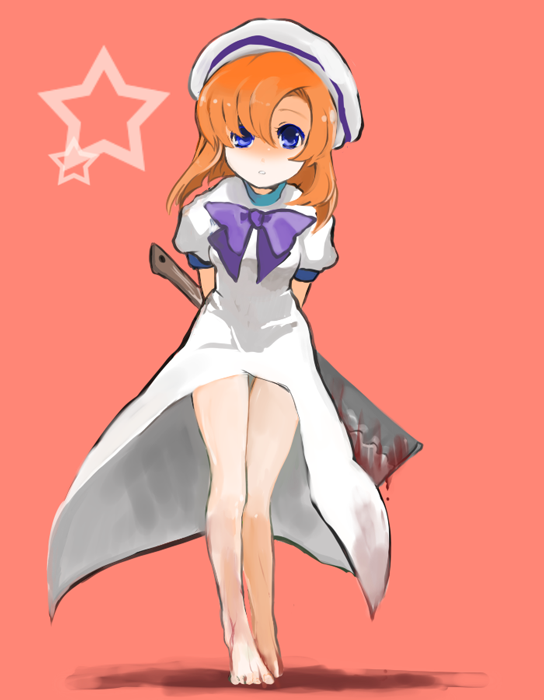 maroyan, ryuuguu rena, higurashi no naku koro ni, bad id, bad pixiv id, 00s, 1girl, arms behind back, barefoot, billhook, blood, blue eyes, bow, dress, female focus, hashitsuki nata, hat, hatchet, nata (tool), orange hair, short hair, solo, yandere
