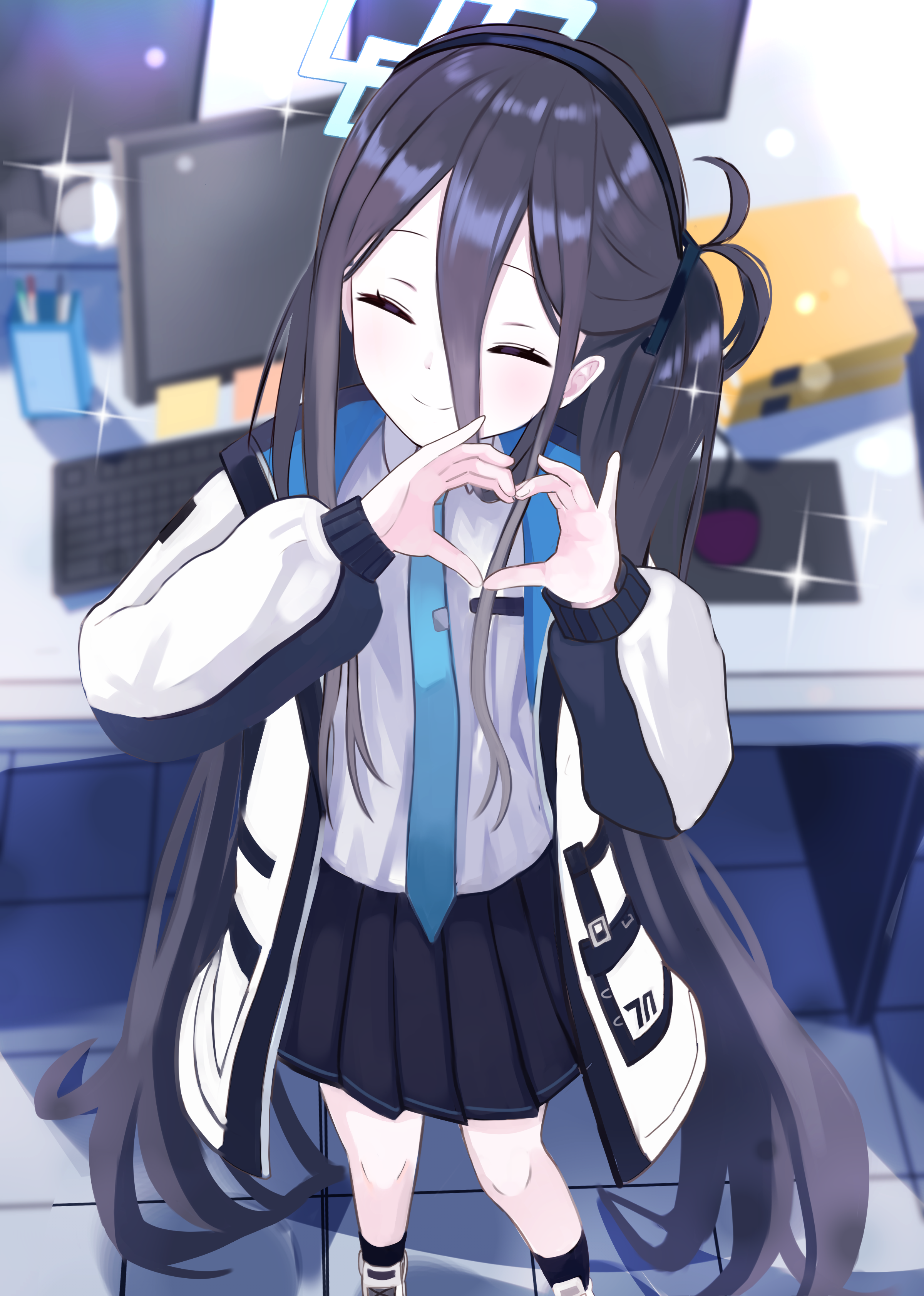 thomason366, aris (blue archive), blue archive, absurdres, commentary request, highres, partial commentary, 1girl, absurdly long hair, aqua halo, black hair, black skirt, black socks, blue necktie, closed eyes, closed mouth, collared shirt, computer keyboard, computer mouse, facing viewer, from above, halo, heart, heart hands, indoors, jacket, long hair, long sleeves, monitor, necktie, one side up, open clothes, open jacket, pleated skirt, shirt, shoes, skirt, smile, socks, solo, standing, very long hair, white jacket, white shirt, white shoes