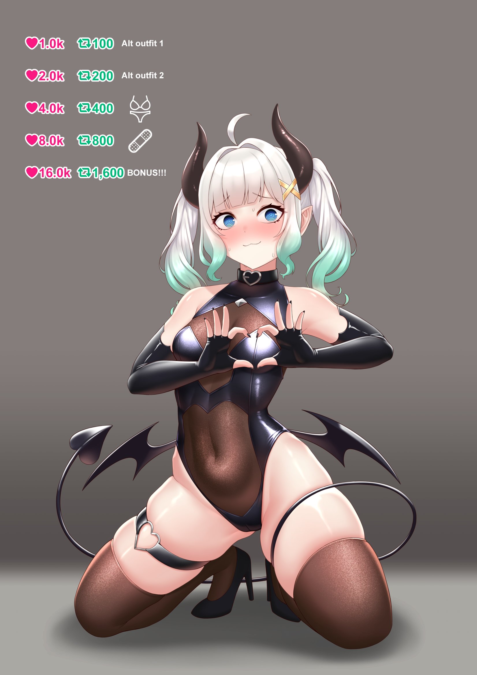 cipher4109, mint fantome, indie virtual youtuber, highres, 1girl, :3, @ @, ahoge, armpits, bare shoulders, black choker, black nails, blue eyes, blunt bangs, blush, bodystocking, breasts, brown thighhighs, cameltoe, choker, cleavage, collarbone, covered navel, demon girl, demon horns, demon tail, demon wings, elbow gloves, embarrassed, fingerless gloves, four-finger heart hands, full-face blush, full body, gloves, gluteal fold, gradient hair, green eyes, green hair, grey background, grey hair, heart, heart hands, heart o-ring, high heels, horns, kneeling, leotard, looking at viewer, low wings, medium hair, multicolored hair, nail polish, nervous, nervous smile, nervous sweating, o-ring, o-ring choker, o-ring thigh strap, pointy ears, revealing clothes, see-through cleavage, see-through clothes, simple background, skindentation, small breasts, smile, solo, streaked hair, sweat, sweatdrop, tail, thigh strap, thighhighs, thighs, twintails, twitter strip game, virtual youtuber, white hair, wings