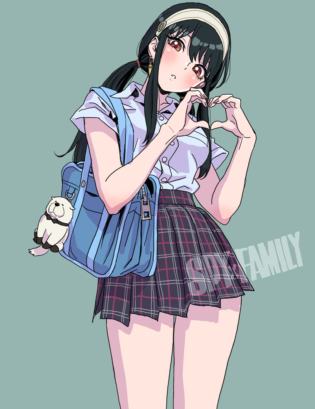 yamashita shun'ya, bond (spy x family), yor briar, spy x family, highres, 1girl, bag, black hair, blush, headband, heart, heart hands, long hair, looking at viewer, pleated skirt, red eyes, school bag, school uniform, simple background, skirt, solo, standing