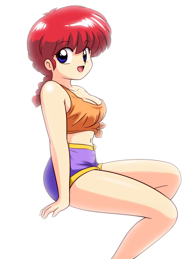kj (k777), ranma-chan, saotome ranma, ranma 1/2, 1girl, blue eyes, braid, braided ponytail, breasts, cleavage, female focus, genderswap, genderswap (mtf), midriff, no bra, red hair, shorts, single braid, solo, tank top