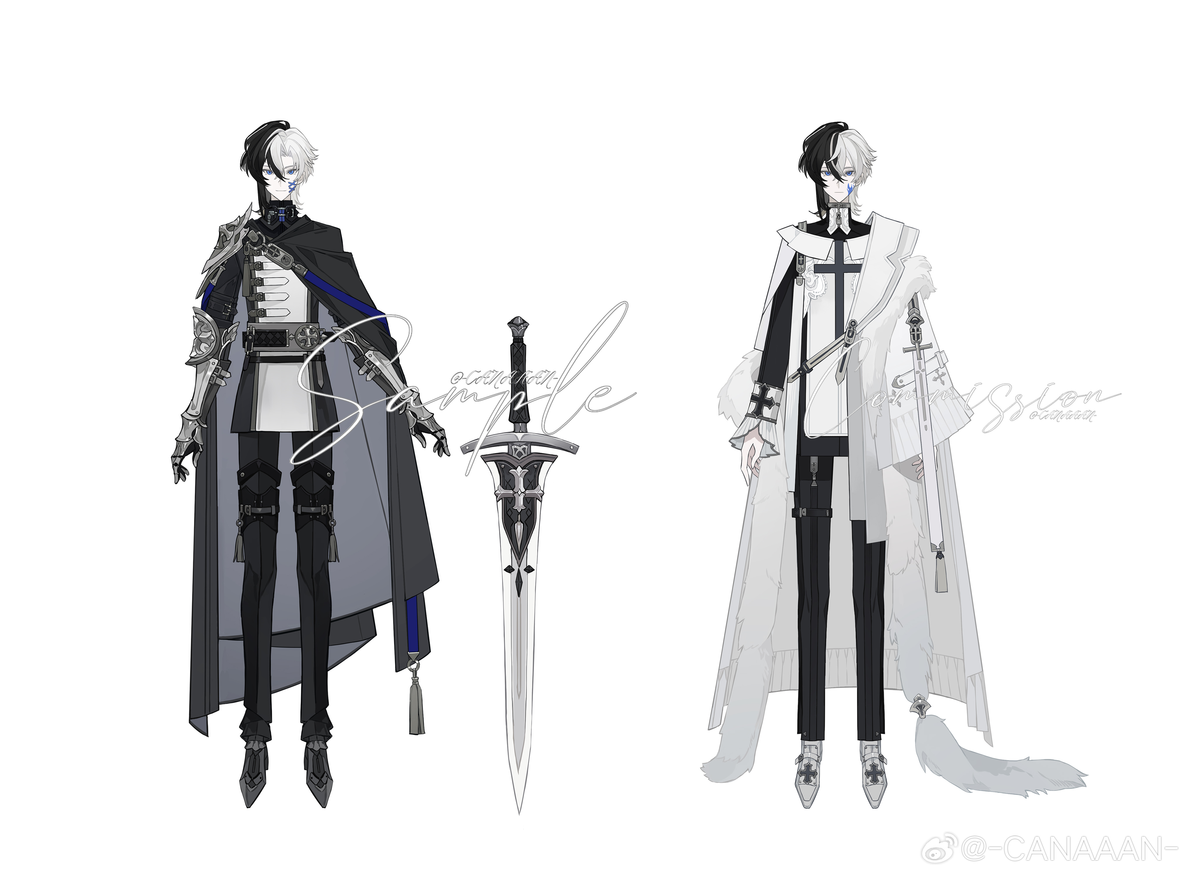 mao mao wansui, original, absurdres, chinese commentary, commission, highres, 2boys, armor, arms at sides, belt, belt collar, black cloak, black collar, black gloves, black hair, black jacket, black pants, black shirt, black shoes, blue eyes, borrowed character, cape, capelet, cheek piercing, cloak, closed mouth, collar, corset piercing, couter, cross, cross fleury, cross print, curtained hair, expressionless, face piercing, facial tattoo, feather boa, flame tattoo, full body, gauntlets, gloves, greatsword, grey belt, grey cloak, hair between eyes, jacket, latin cross, long sleeves, look-alike, looking at viewer, male focus, medium hair, multicolored hair, multiple boys, pants, pauldrons, piercing, pleated sleeves, reference sheet, sabaton, sample watermark, shirt, shoes, shoulder armor, side cape, simple background, single pauldron, single sidelock, sleeve cuffs, smile, split-color hair, standing, straight-on, sword, tabard, tassel, tattoo, thigh strap, turtleneck, two-sided cloak, two-sided fabric, two-sided jacket, two-tone hair, watermark, weapon, weibo watermark, white background, white cape, white capelet, white hair, white jacket, white shoes, white tabard, yao mujing, yao muxuan, zipper pull tab