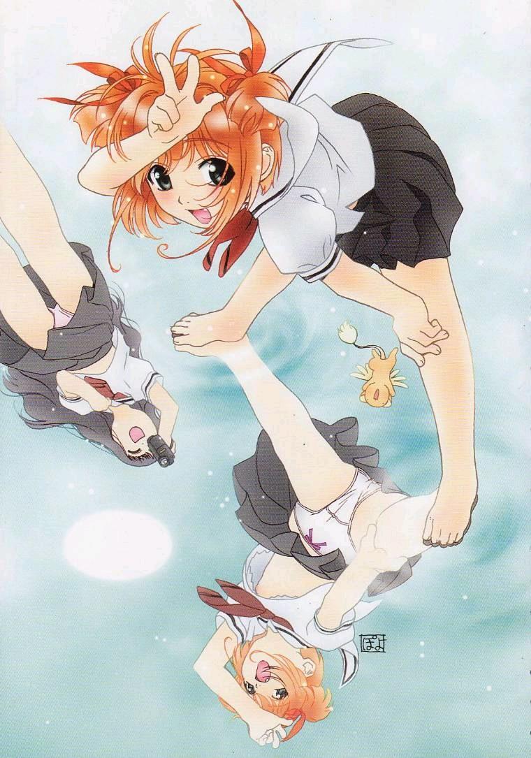 watanabe akio, daidouji tomoyo, kero (cardcaptor sakura), kinomoto sakura, cardcaptor sakura, 1990s (style), 2girls, barefoot, black hair, blush, bow, bow panties, camcorder, camera, leaning forward, loli, long hair, looking at viewer, multiple girls, orange hair, panties, pink panties, reflection, retro artstyle, short hair, smile, underwear, upskirt, v, video camera, water, white panties