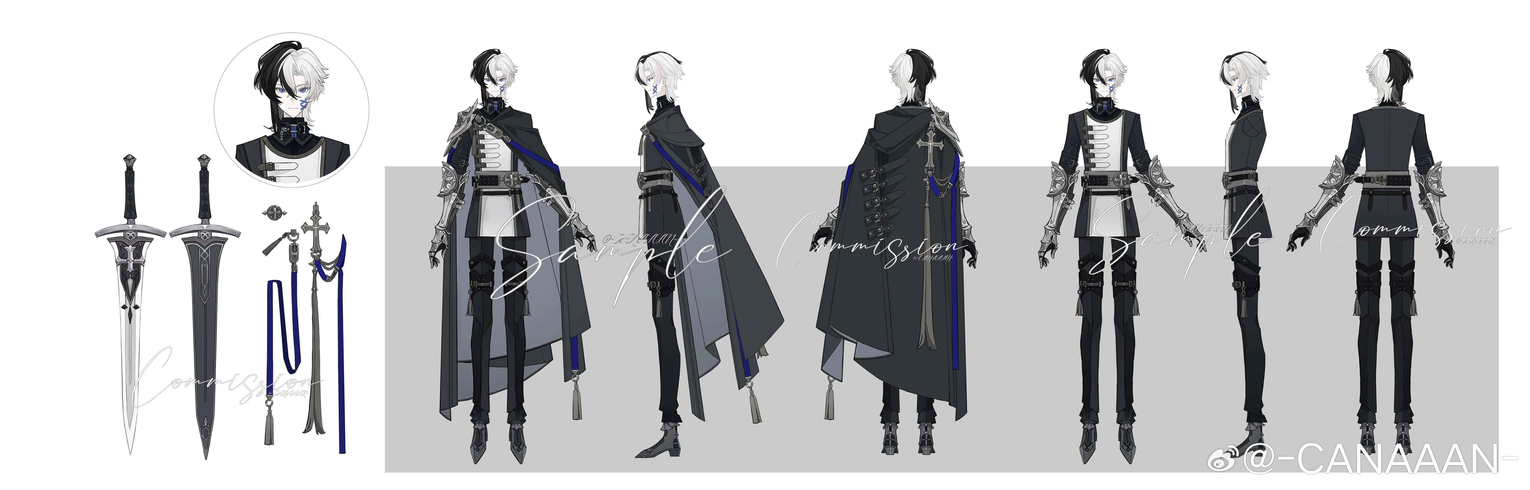 mao mao wansui, original, absurdres, chinese commentary, commission, highres, 1boy, aiguillette, armor, arms at sides, belt, belt collar, black cloak, black collar, black gloves, black hair, black jacket, black pants, black shirt, black shoes, blue eyes, borrowed character, cheek piercing, cloak, closed mouth, clothes on and off, collar, corset piercing, couter, cross, cross fleury, curtained hair, face piercing, full body, gauntlets, gloves, greatsword, grey background, grey belt, grey cloak, hair between eyes, jacket, long sleeves, look-alike, looking at viewer, male focus, medium hair, multicolored hair, multiple views, pants, pauldrons, piercing, reference sheet, sabaton, sample watermark, shirt, shoes, shoulder armor, simple background, single pauldron, single sidelock, smile, solo, split-color hair, standing, straight-on, sword, tassel, thigh strap, turnaround, turtleneck, two-sided cloak, two-sided fabric, two-sided jacket, two-tone hair, watermark, weapon, weibo watermark, white background, white hair, white jacket, yao mujing