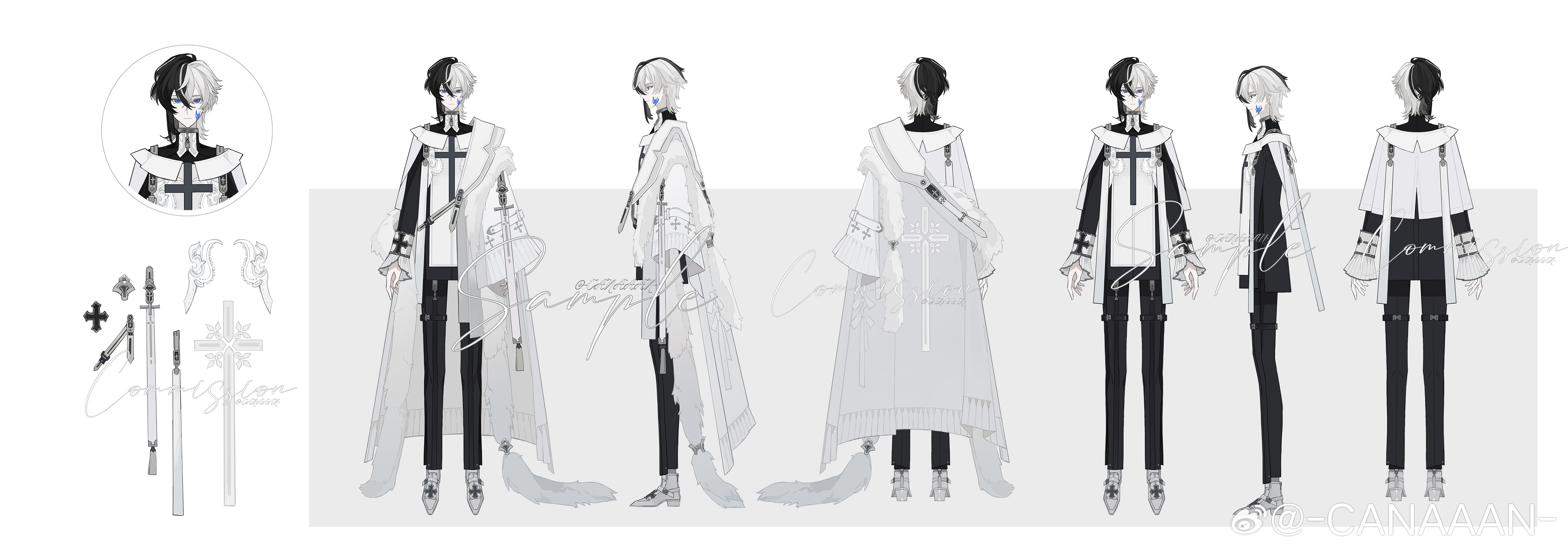 mao mao wansui, original, absurdres, chinese commentary, commission, highres, 1boy, arms at sides, black hair, black jacket, black pants, blue eyes, borrowed character, cape, capelet, closed mouth, clothes on and off, collar, cross, cross fleury, cross print, expressionless, facial tattoo, feather boa, flame tattoo, full body, grey background, hair between eyes, jacket, latin cross, long sleeves, look-alike, looking at viewer, male focus, medium hair, multicolored hair, multiple views, pants, pleated sleeves, reference sheet, sample watermark, shoes, side cape, simple background, single sidelock, sleeve cuffs, solo, split-color hair, standing, straight-on, tabard, tattoo, thigh strap, turnaround, turtleneck, two-tone hair, watermark, weibo watermark, white background, white cape, white capelet, white hair, white shoes, white tabard, yao muxuan, zipper pull tab
