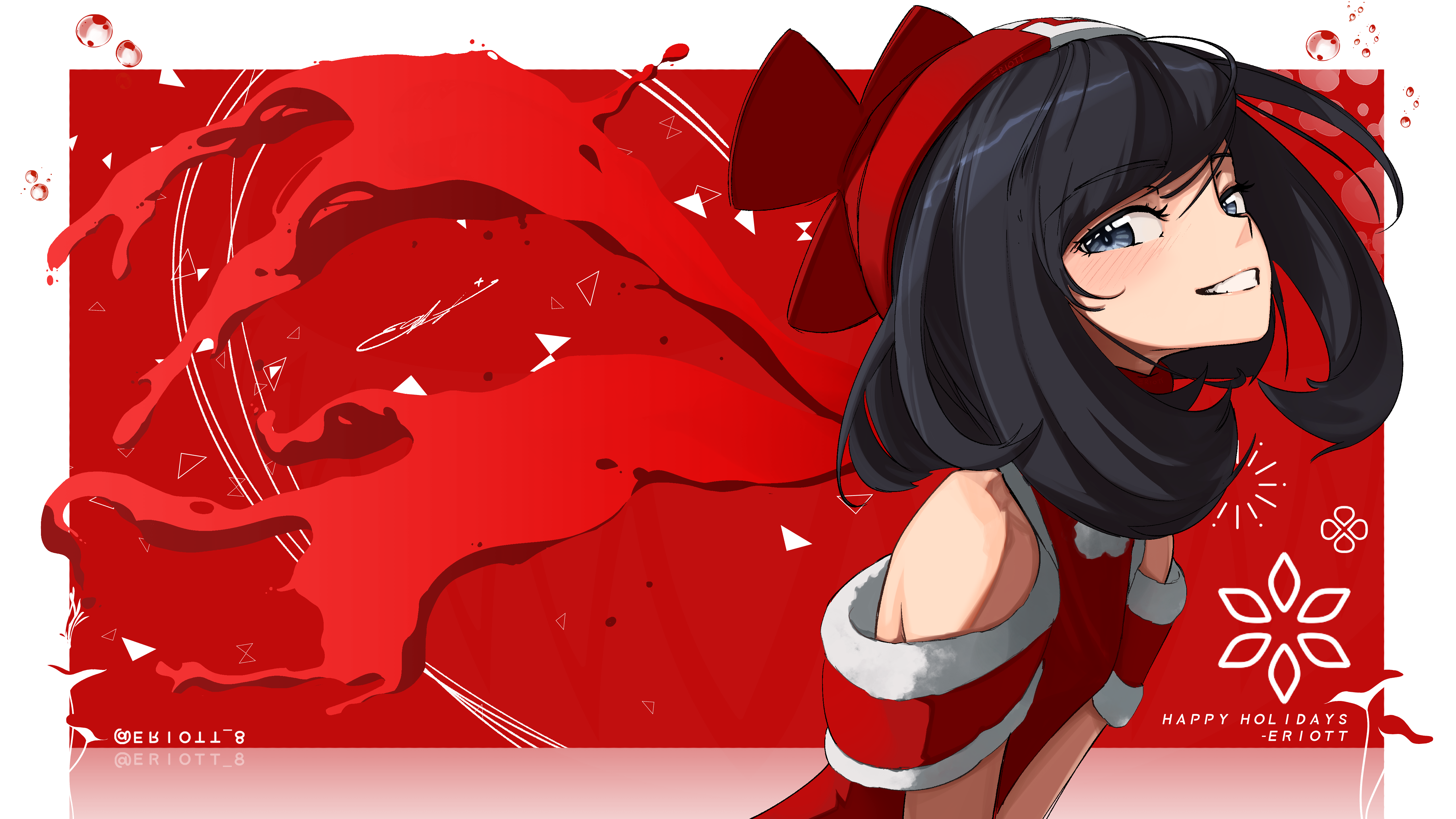 eriott, selene (pokemon), nintendo, pokemon, pokemon sm, absurdres, highres, 1girl, artist name, black eyes, black hair, christmas, dress, happy holidays, hat, looking at viewer, red dress, red hat, smile, solo, teeth, twitter username, upper body