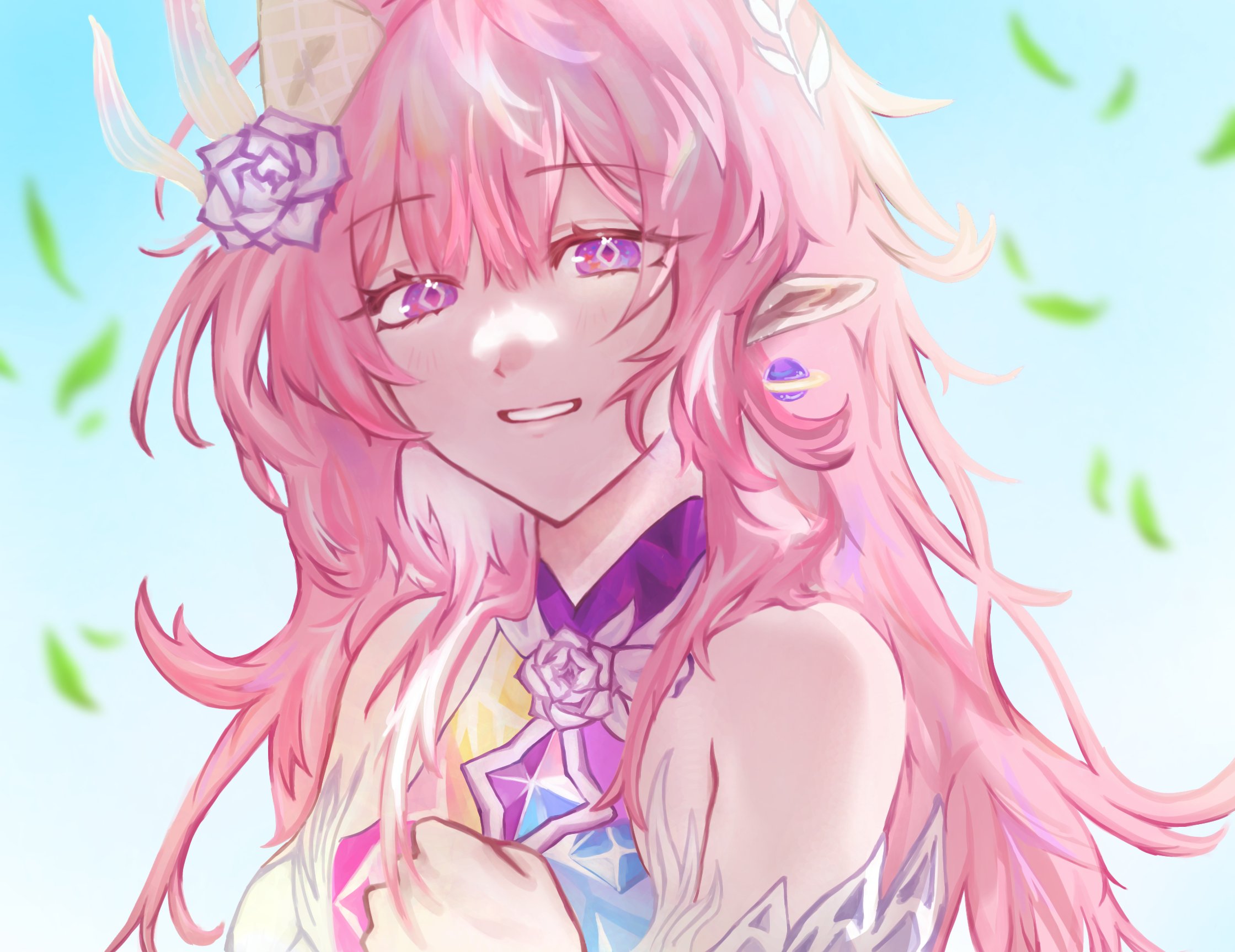 cyrene (honkai: star rail), cyrene (ripples of past reverie) (honkai: star rail), honkai: star rail, honkai (series), commentary request, highres, korean commentary, 1girl, bare shoulders, blue sky, diamond-shaped pupils, diamond (shape), dress, earrings, falling leaves, flower, gong dan, hair flower, hair ornament, jewelry, leaf, long hair, pink hair, pointy ears, purple eyes, sky, smile, solo, symbol-shaped pupils, upper body, very long hair, white dress