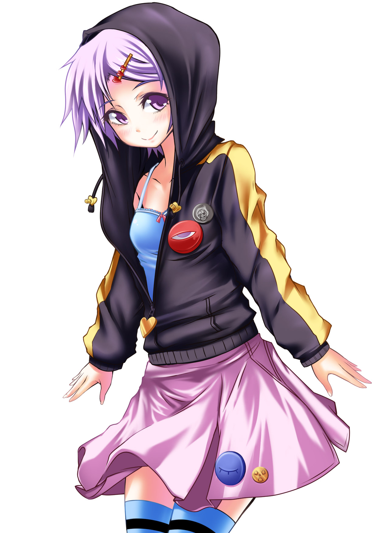 makot, ougi makoto, komeiji satori, touhou, bad id, bad pixiv id, highres, 1girl, alternate costume, blush, casual, contemporary, female focus, hair ornament, hairclip, hood, hooded jacket, hoodie, jacket, lapel pin, pin, purple eyes, purple hair, short hair, skirt, smile, solo, striped clothes, striped thighhighs, thighhighs