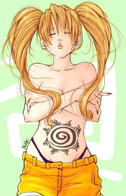 naruko (naruto), uzumaki naruto, naruto (classic), naruto (series), artist request, 1girl, blonde hair, breasts, cleavage, closed eyes, collarbone, covering breasts, covering privates, crossed arms, facial mark, facing viewer, female focus, genderswap, genderswap (mtf), large breasts, long hair, medium breasts, navel, orange pants, panties, pants, parted lips, purple panties, solo, standing, stomach tattoo, tattoo, topless female, twintails, underwear, whisker markings, whiskers