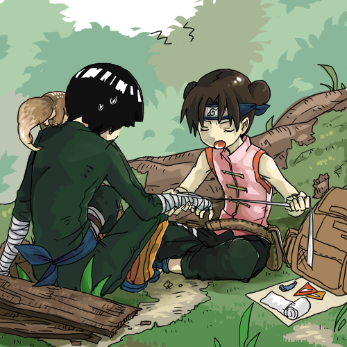 miyano a, rock lee, tenten (naruto), naruto (classic), naruto (series), wood, bad id, bad pixiv id, lowres, 1boy, 1girl, animal, animal on shoulder, back, backpack, bag, bandaged arm, bandaged hand, bandages, bare arms, bare shoulders, belt, belt pouch, black hair, bodysuit, bound, brown hair, bush, closed eyes, day, double bun, flat chest, forehead protector, forest, grass, hair bun, holding, konohagakure symbol, log, nature, open mouth, outdoors, pants, pink shirt, pouch, shirt, shoes, short hair, sigh, sitting, sleeveless, sleeveless shirt, squirrel, sweatdrop, tube, wrist wrap