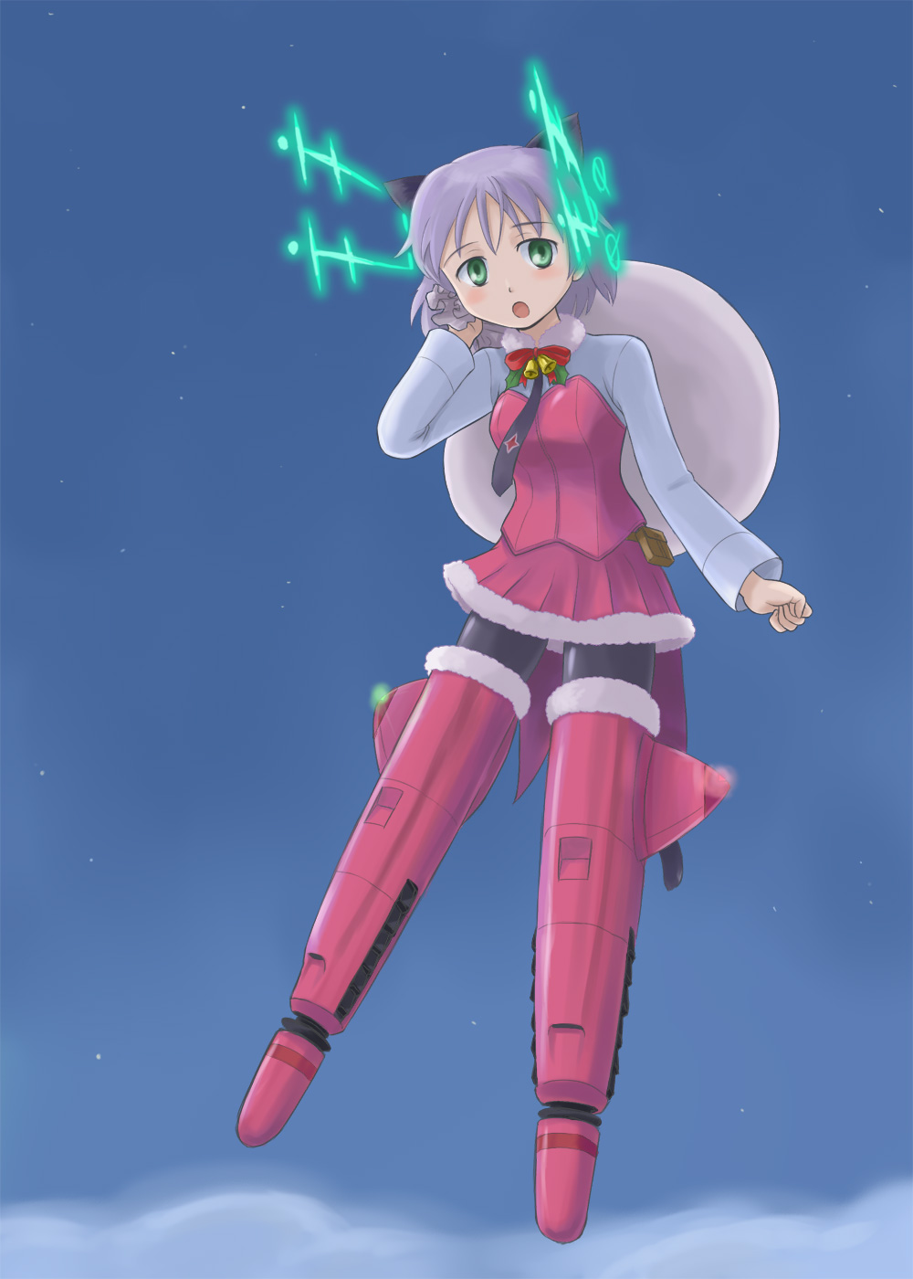 denden, minami juujisei, sanya v. litvyak, strike witches, world witches series, silver hair, highres, 00s, 1girl, animal ears, antennae, bell, black pantyhose, blush, christmas, cloud, female focus, hirschgeweih antennas, night, pantyhose, sack, santa costume, short hair, skirt, solo, star (symbol), striker unit, tail