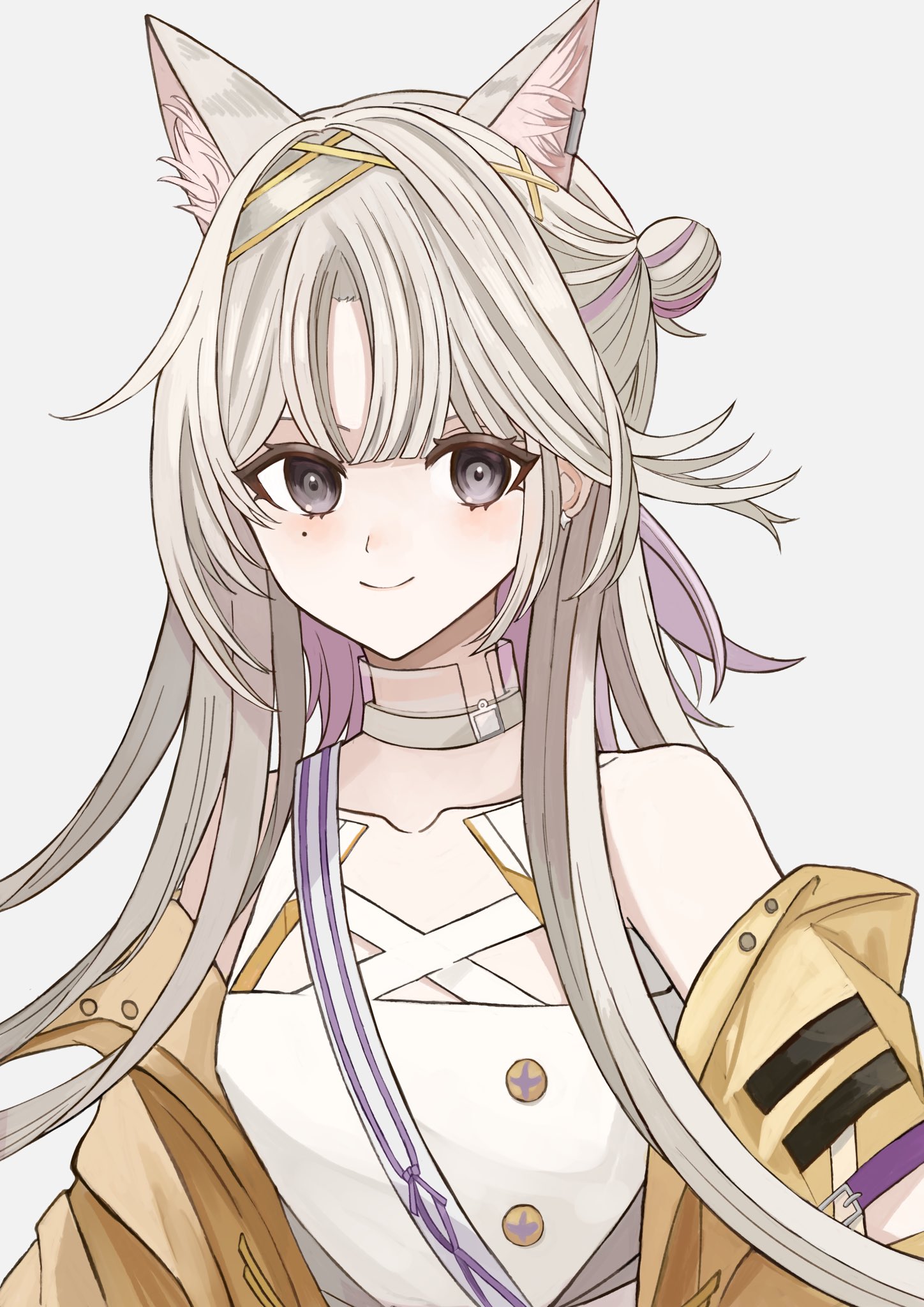 udo (akn otk), kazemaru (arknights), arknights, commentary, highres, 1girl, animal ear fluff, animal ears, bare shoulders, black eyes, blush, closed mouth, collarbone, grey background, grey hair, jacket, long hair, looking at viewer, mole, mole under eye, off shoulder, shirt, simple background, smile, solo, upper body, white shirt, yellow jacket