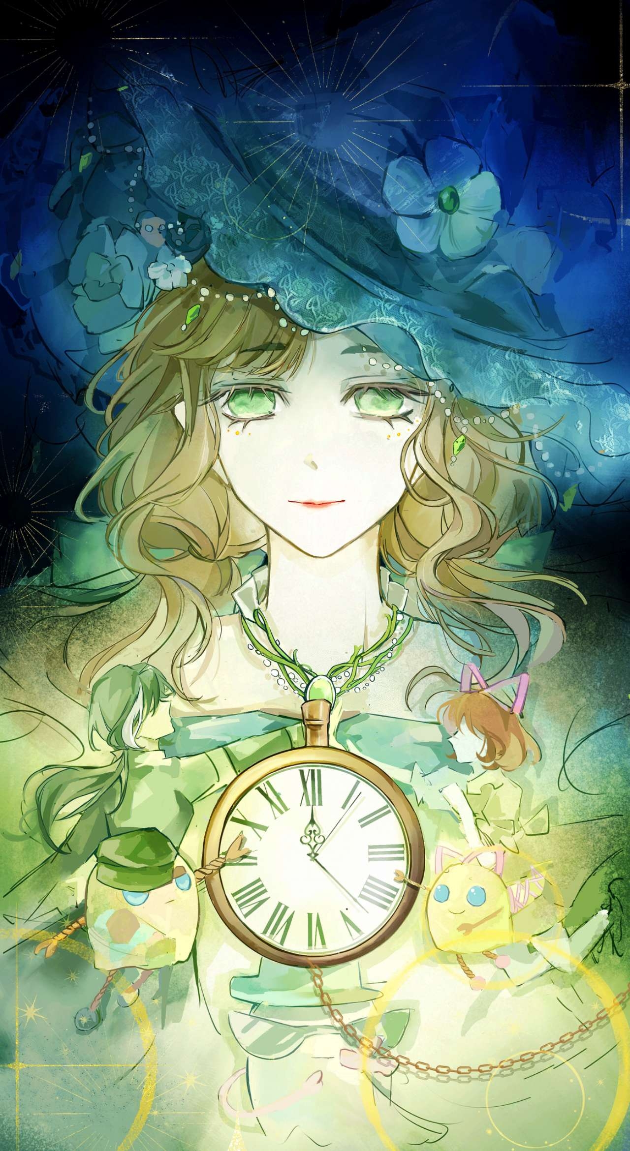 infinity nikki, nikki (series), character request, highres, 1boy, 2girls, bare legs, bare shoulders, beads, black background, black coat, black hair, blue dress, blue hat, brown hair, bubble skirt, chiqihing, closed mouth, coat, dress, eyelashes, faceless, faceless female, faceless male, flower, frilled headwear, gem, glowing, green eyes, green gemstone, hair flower, hair ornament, hair ribbon, hat, hat flower, jewelry, lipstick, long hair, low ponytail, makeup, multicolored hair, multiple girls, necklace, off-shoulder dress, off shoulder, official alternate color, piecey, pink ribbon, pocket watch, ponytail, rainfall & blossoms (infinity nikki), reaching, red lips, ribbon, short dress, short hair, skirt, smile, sparkle, straight-on, streaked hair, upper body, watch, wavy hair, white flower, witch, witch hat, yellow dress