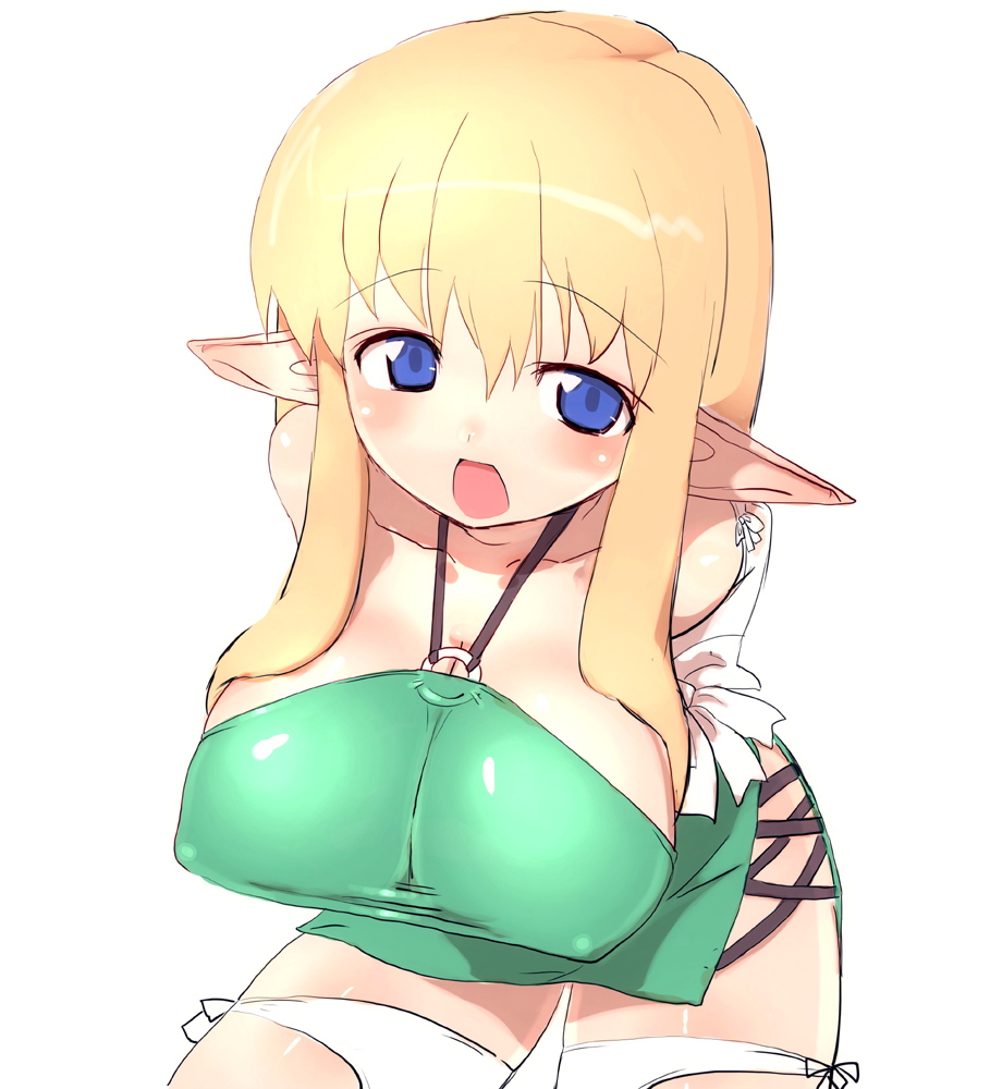 rondo bell, tiffania westwood, zero no tsukaima, bad id, bad pixiv id, 00s, 1girl, blonde hair, blue eyes, breasts, cleavage, elf, female focus, halterneck, huge breasts, long hair, pointy ears, solo, thighhighs