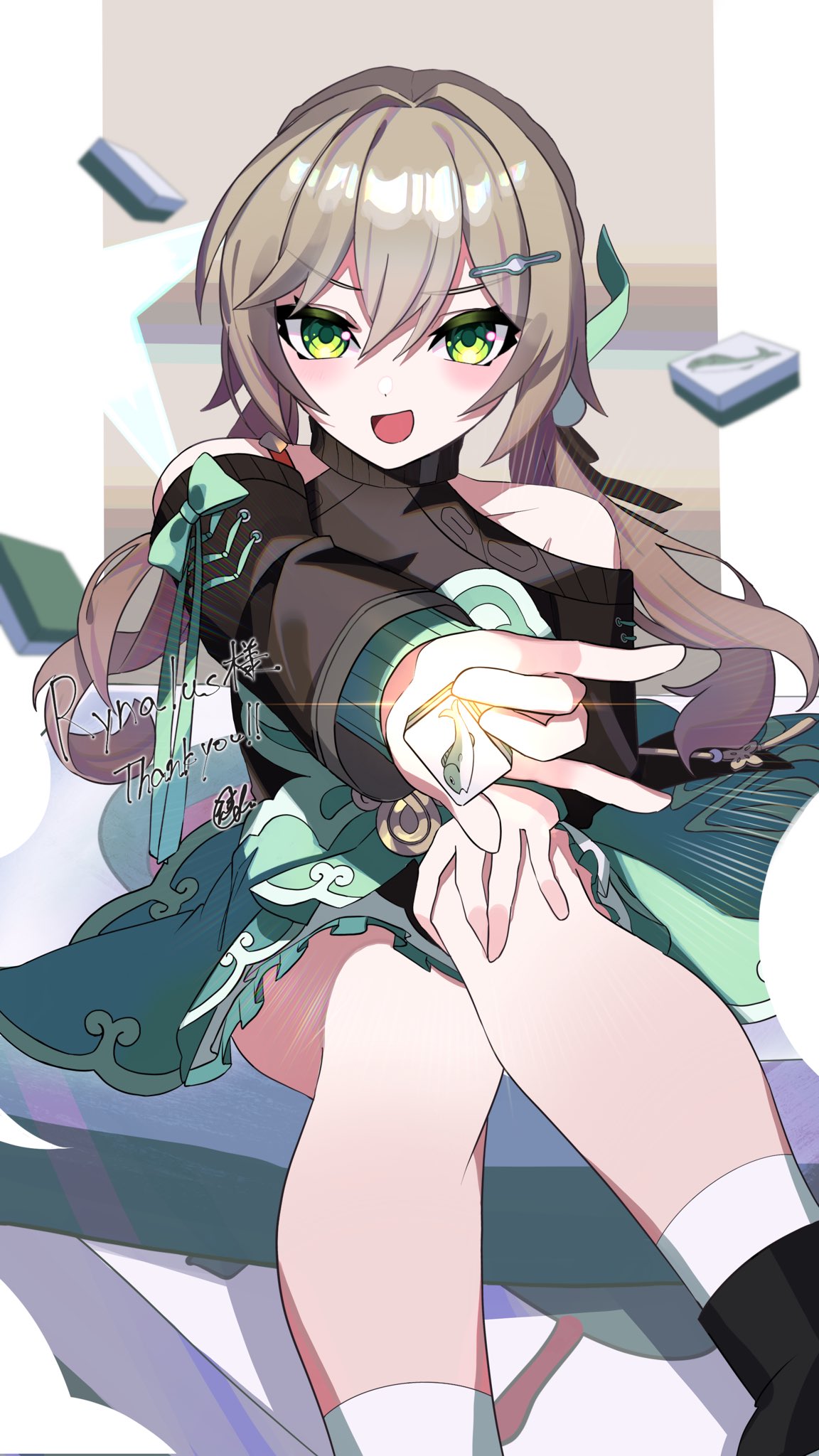 esu 3101, qingque (honkai: star rail), honkai: star rail, honkai (series), commission, highres, skeb commission, 1girl, :d, bare shoulders, bow, brown hair, clothing cutout, dress, green eyes, hair ornament, hairclip, layered dress, long sleeves, low twintails, mahjong, mahjong tile, open mouth, sitting, smile, thighs, twintails