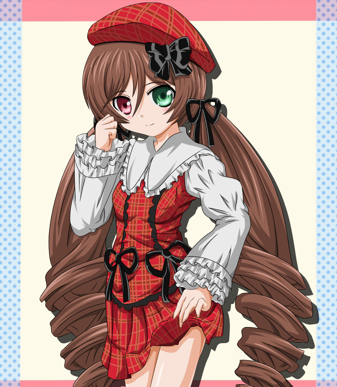 takumi (rozen garten), suiseiseki, rozen maiden, highres, 00s, alternate hairstyle, bow, brown hair, clothes lift, dress, dress lift, hair ribbon, hat, heterochromia, long hair, ribbon, solo, twintails, very long hair