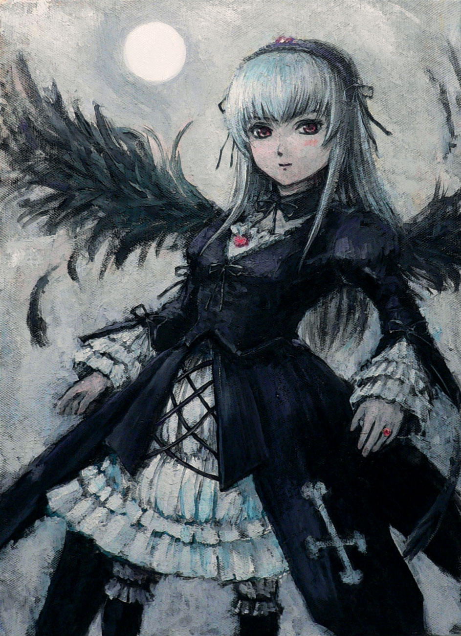 tafuto, suigintou, rozen maiden, silver hair, bad id, bad pixiv id, highres, oil painting (medium), painting (medium), traditional media, 00s, dress, frills, hairband, long hair, purple eyes, solo, wings