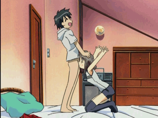 nanase kenji, takanashi chihiro, milkyway, animated, animated gif, anime screenshot, 00s, 1boy, 1girl, :>=, :d, ^ ^, armpits, arms up, bad animation, barefoot, bed, bedroom, black hair, black thighhighs, blush, boombox, bottomless, chest of drawers, closed eyes, clothed sex, convenient censoring, deepthroat, door, feet, fellatio, flat chest, grey hair, hand on another's head, hetero, hood, hoodie, implied fellatio, indoors, irrumatio, kneeling, leaning forward, open mouth, oral, pillow, profile, shirt, short hair, short shorts, shorts, sleeveless, sleeveless shirt, sleeveless turtleneck, smile, standing, surprised, thighhighs, turtleneck, zettai ryouiki