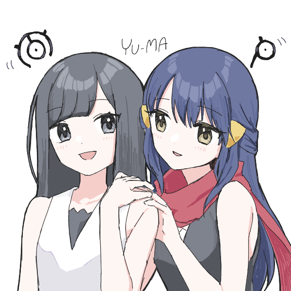 yuma (kuroba tsuto), dawn (pokemon), selene (pokemon), unown, unown m, unown p, nintendo, pokemon, pokemon adventures, 1girl, 2girls, artist name, black hair, blush, breasts, gen 2 pokemon, hair ornament, hairclip, hat, holding, long hair, multiple girls, open mouth, scarf, shirt, short hair, siblings, simple background, sisters, sleeveless, smile, white background
