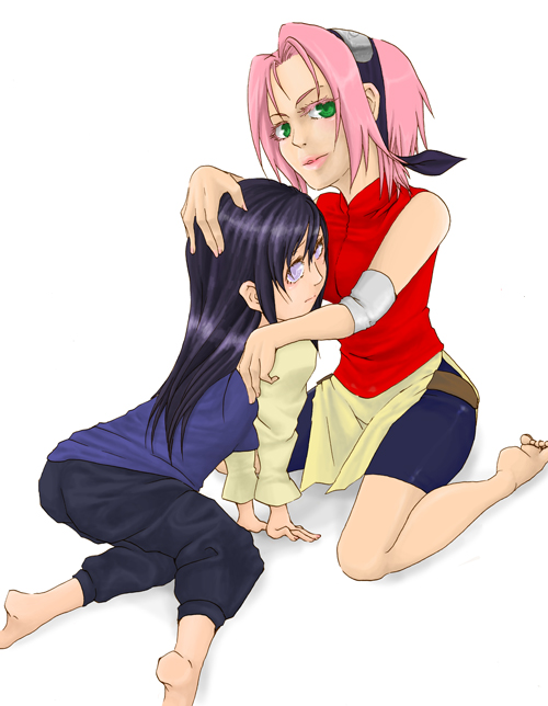minami1008, haruno sakura, hyuuga hinata, naruto (classic), naruto (series), bad id, 2girls, bad anatomy, barefoot, black hair, green eyes, multiple girls, pink hair, poorly drawn, white eyes