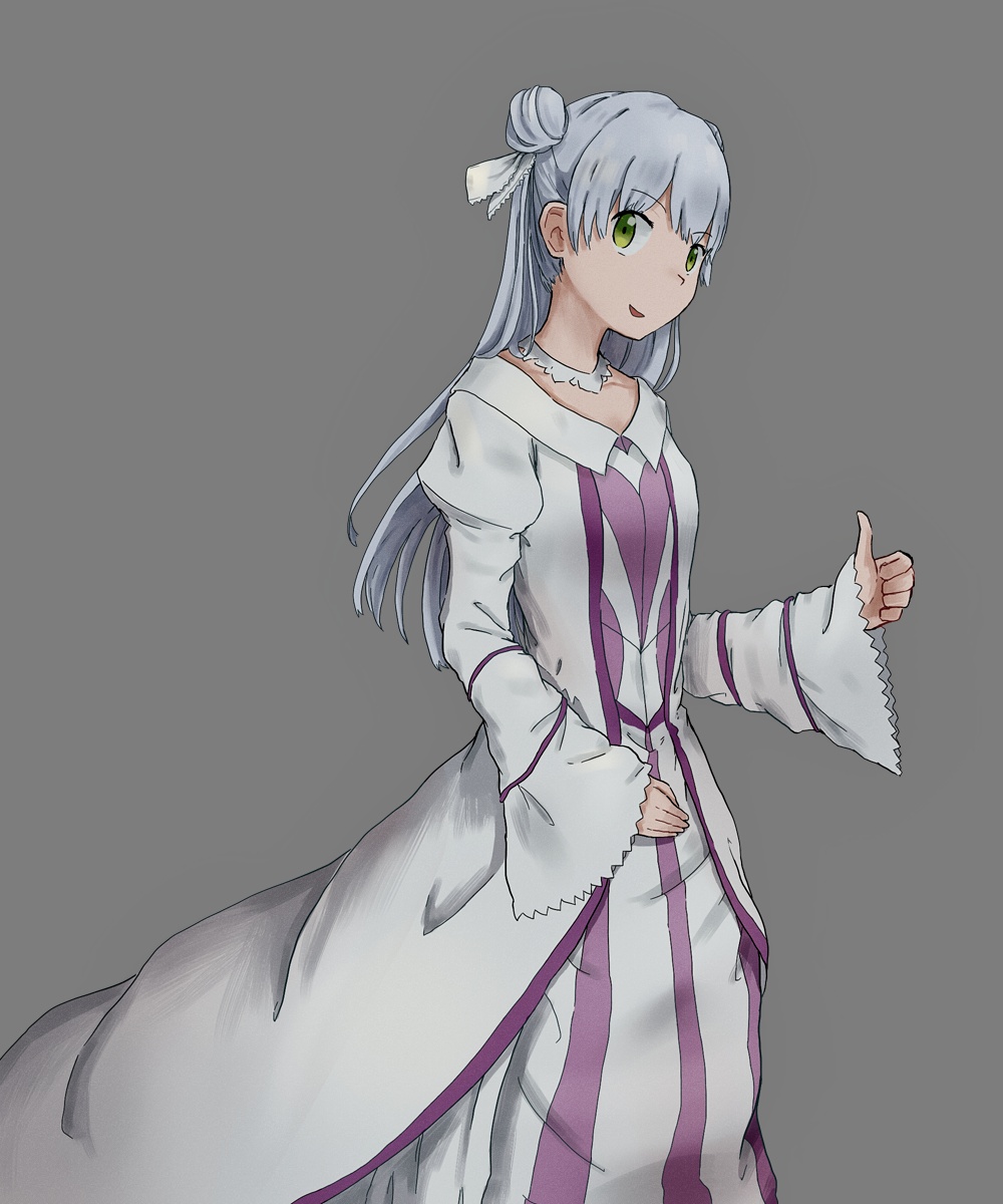 tatararashi, index (toaru majutsu no index), toaru majutsu no index, toaru majutsu no index: new testament, commentary request, highres, 1girl, bare shoulders, choker, dated commentary, double bun, dress, green eyes, grey background, grey hair, hair bun, long hair, long sleeves, official alternate costume, official alternate hairstyle, open mouth, ribbon, simple background, smile, solo, thumbs up, two-tone dress, white choker, white dress, white ribbon