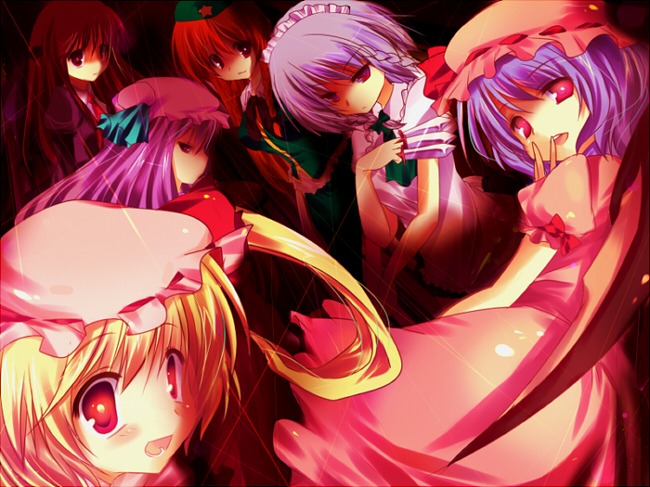 kinoko (hkn), flandre scarlet, hong meiling, izayoi sakuya, koakuma, patchouli knowledge, remilia scarlet, embodiment of scarlet devil, touhou, silver hair, bad id, bad pixiv id, 6+girls, :o, bat wings, blonde hair, braid, dutch angle, female focus, from behind, looking at viewer, multiple girls, open mouth, puffy short sleeves, puffy sleeves, purple hair, red eyes, short hair, short sleeves, side ponytail, twin braids, wings