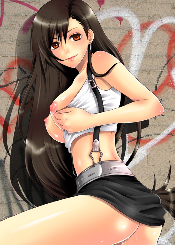random (ningen modoki), tifa lockhart, final fantasy, final fantasy vii, wall, 1990s (style), 1girl, ass, bare shoulders, black hair, breasts, clothes lift, clothes pull, earrings, female focus, graffiti, huge breasts, jewelry, large breasts, legs, light smile, long hair, midriff, miniskirt, nipples, no panties, open clothes, open shirt, orange eyes, pencil skirt, pussy juice, retro artstyle, shadow, shirt, shirt pull, skirt, skirt lift, smile, solo, suspenders, thighs