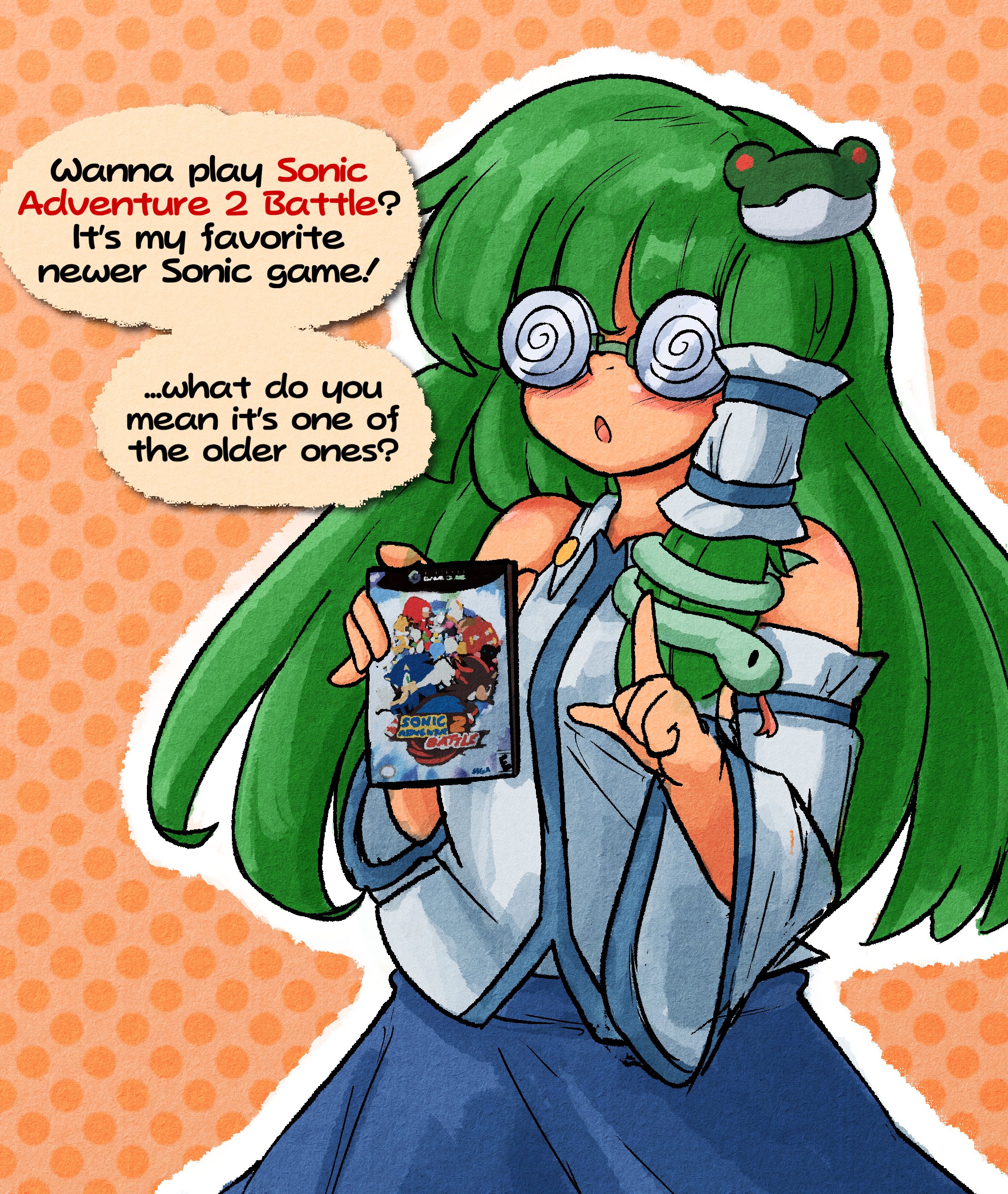 mcsquiddies, kochiya sanae, sonic (series), sonic adventure 2, sonic adventure 2: battle, touhou, absurdres, highres, 1girl, :o, bare shoulders, blue skirt, blush, coke-bottle glasses, collared shirt, detached sleeves, dialogue box, english text, frog hair ornament, glasses, green hair, hair ornament, hair tubes, holding game cartridge, index finger raised, long hair, long sleeves, meme, open mouth, retro games sanae (meme), shirt, single hair tube, single sidelock, skirt, skirt set, sleeve ribbon, sleeveless, sleeveless shirt, snake hair ornament, solo, upper body, wide sleeves