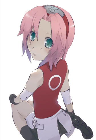 fusion-s, haruno sakura, naruto (series), naruto shippuuden, lowres, 1girl, arm warmers, back, bare shoulders, bike shorts, black boots, black gloves, blush, boots, female focus, foreshortening, from above, gloves, green eyes, headband, headdress, konohagakure symbol, looking at viewer, looking back, looking up, miniskirt, pink hair, pink skirt, red shirt, shirt, short hair, shorts, shorts under skirt, side slit, simple background, sitting, skirt, sleeveless, sleeveless shirt, solo, wariza, white background