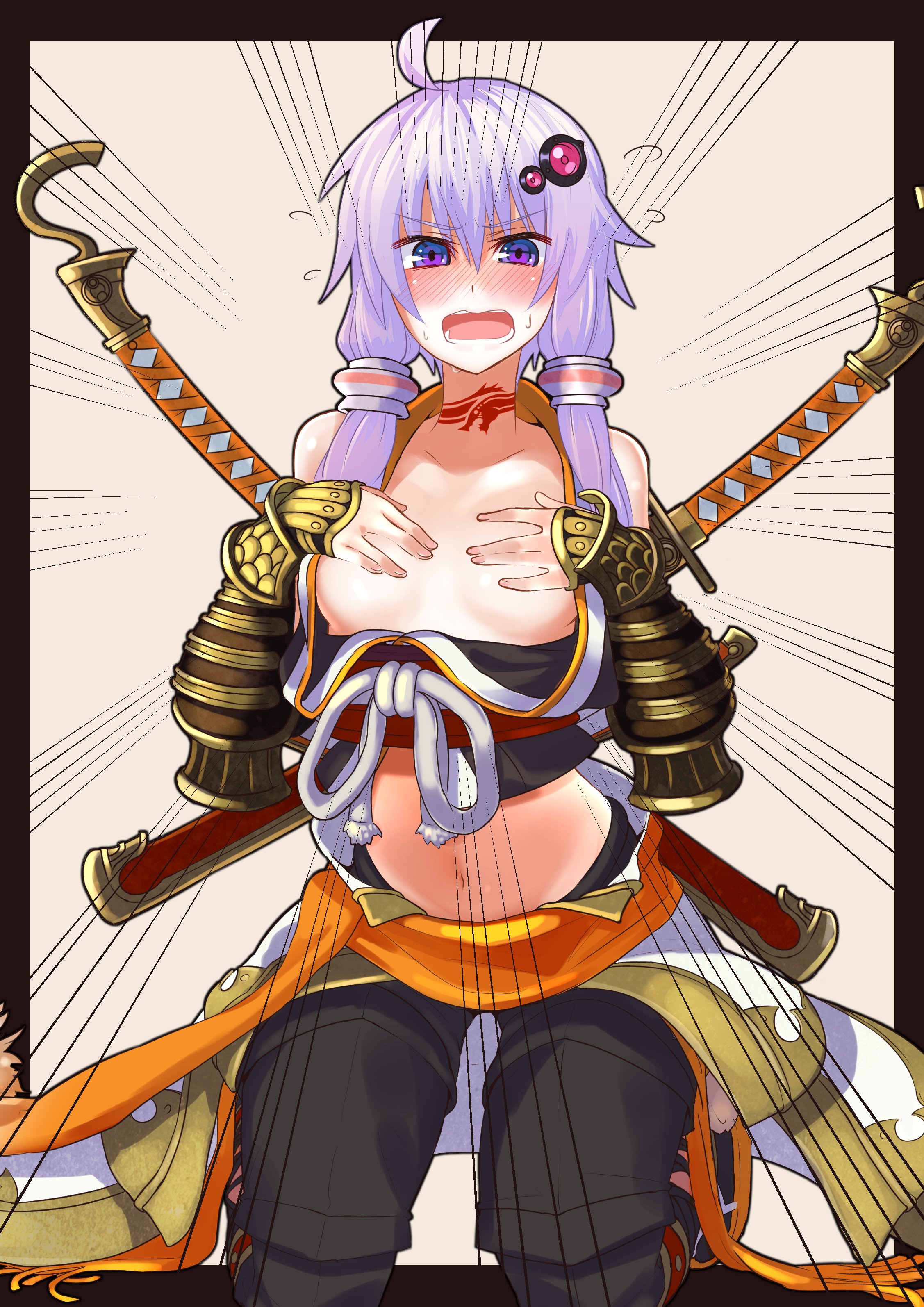 rune (ru-nn), alkaid (.hack//), yuzuki yukari, .hack//, .hack//g.u., voiceroid, absurdres, highres, 1girl, blush, breasts, cosplay, covering breasts, covering privates, hair ornament, long hair, looking at viewer, midriff, navel, open mouth, purple eyes, purple hair, red hair, solo, sweat